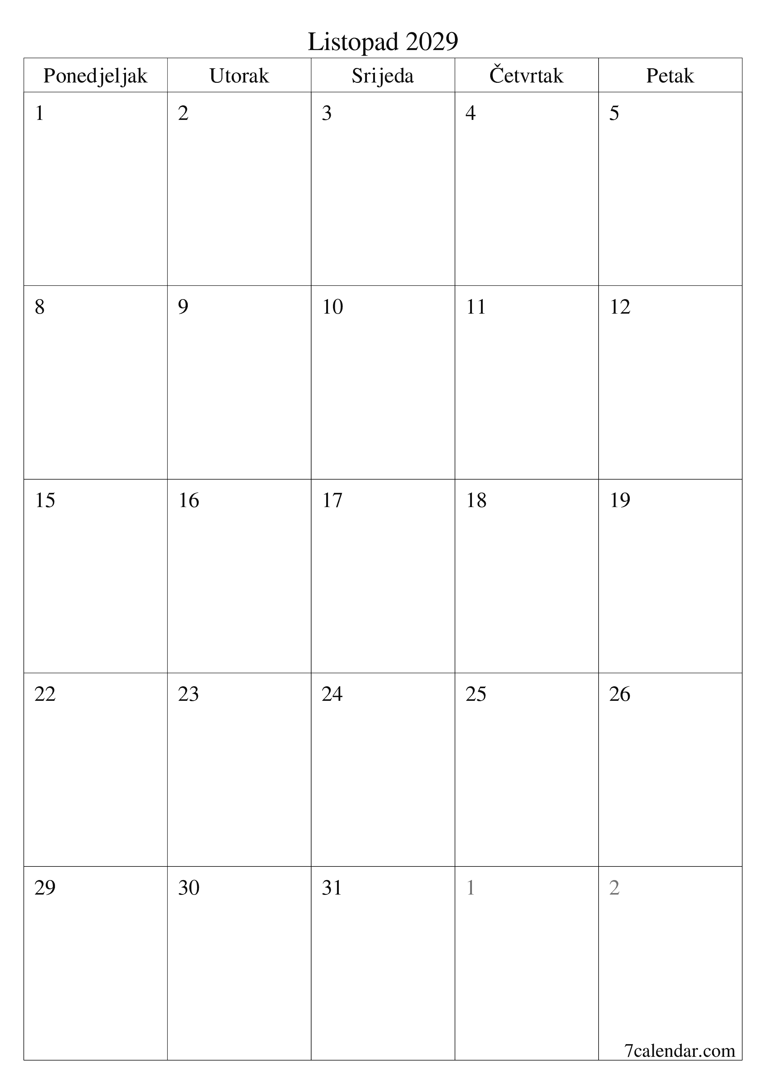  za ispis zidni predložak a besplatni okomito Mjesečni planer kalendar Listopad (Lis) 2029