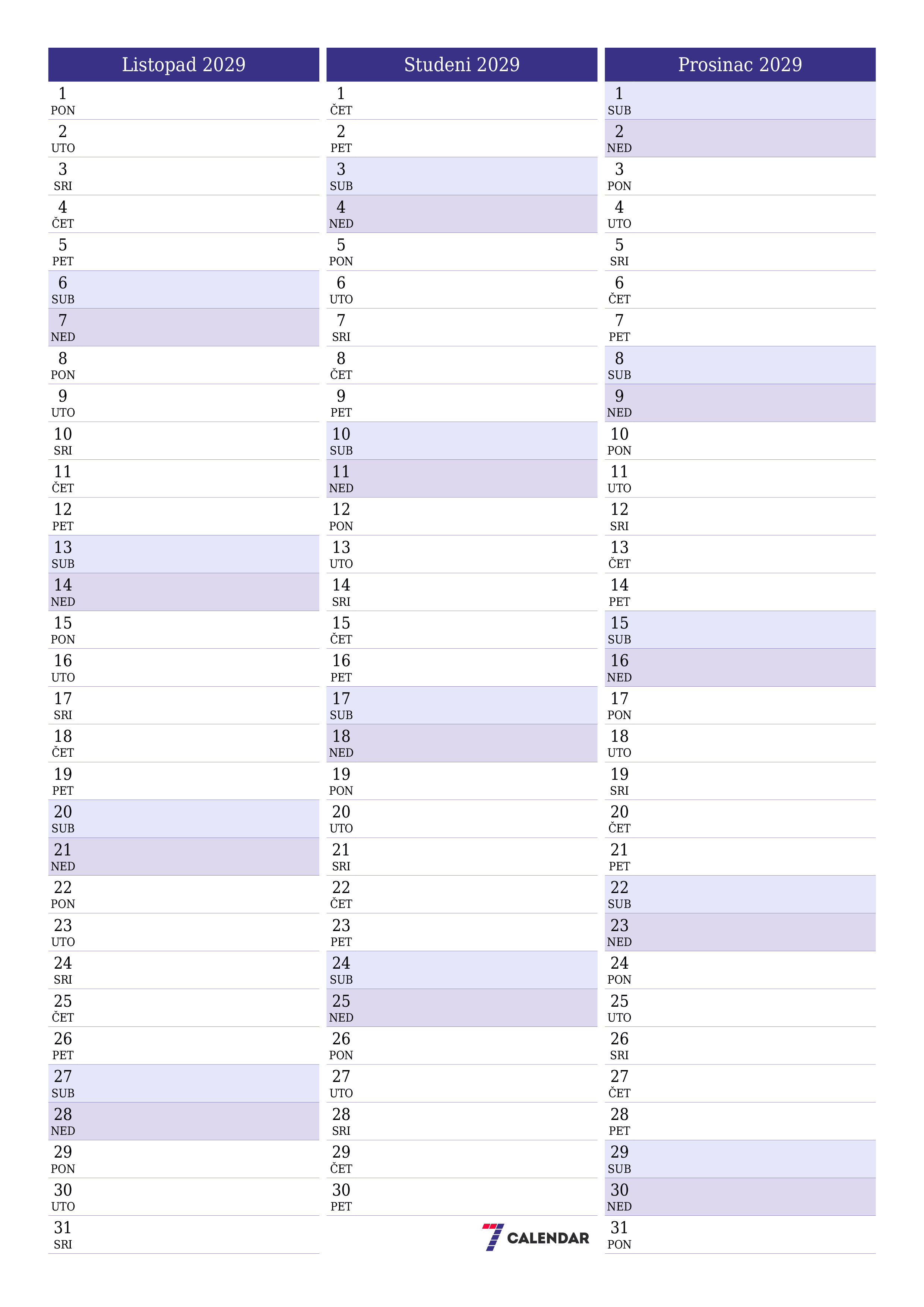  za ispis zidni predložak a besplatni okomito Mjesečni planer kalendar Listopad (Lis) 2029