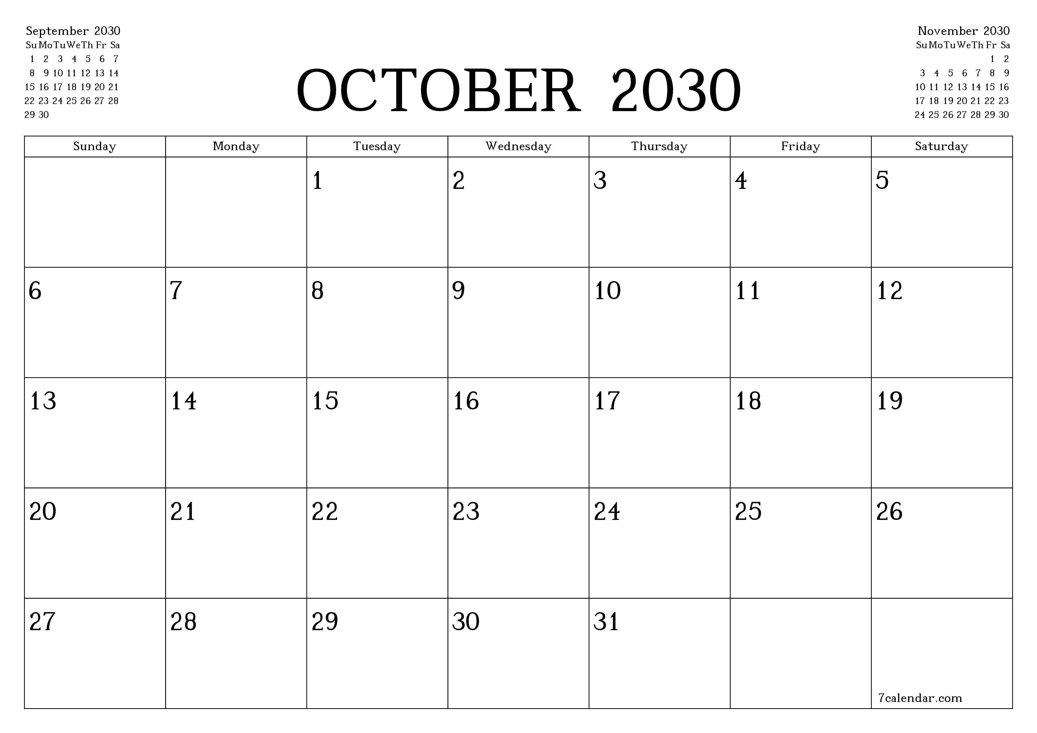 Blank calendar October 2030
