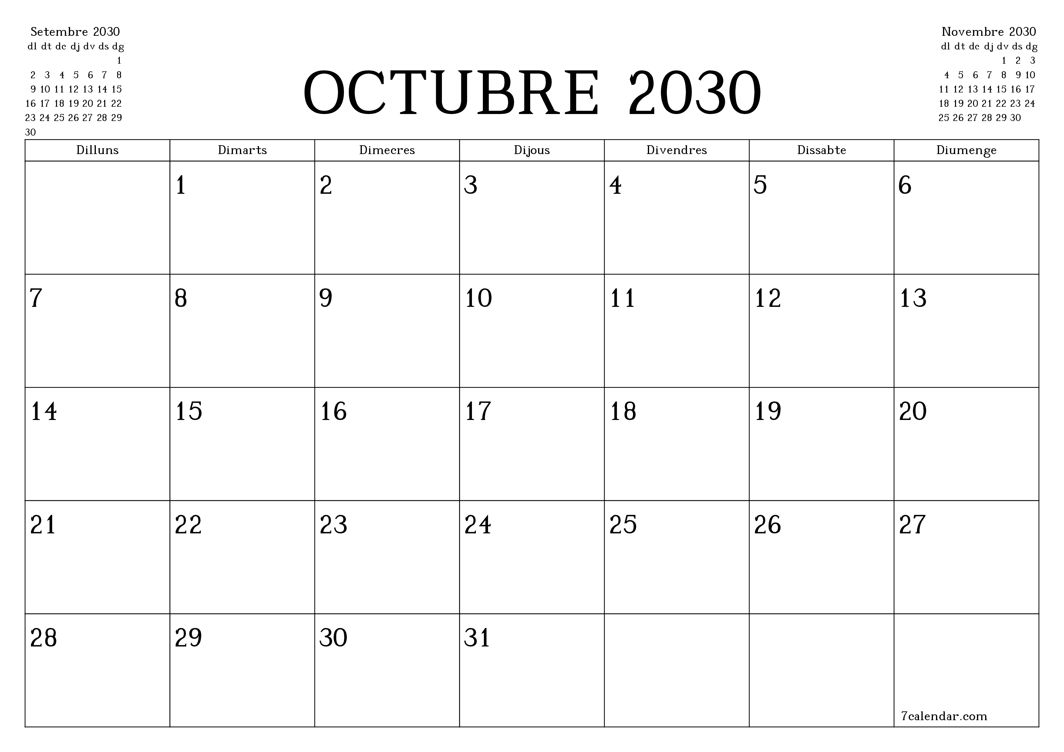 Planificador mensual buit del mes Octubre 2030 amb notes, deseu-lo i imprimiu-lo en format PDF PNG Catalan