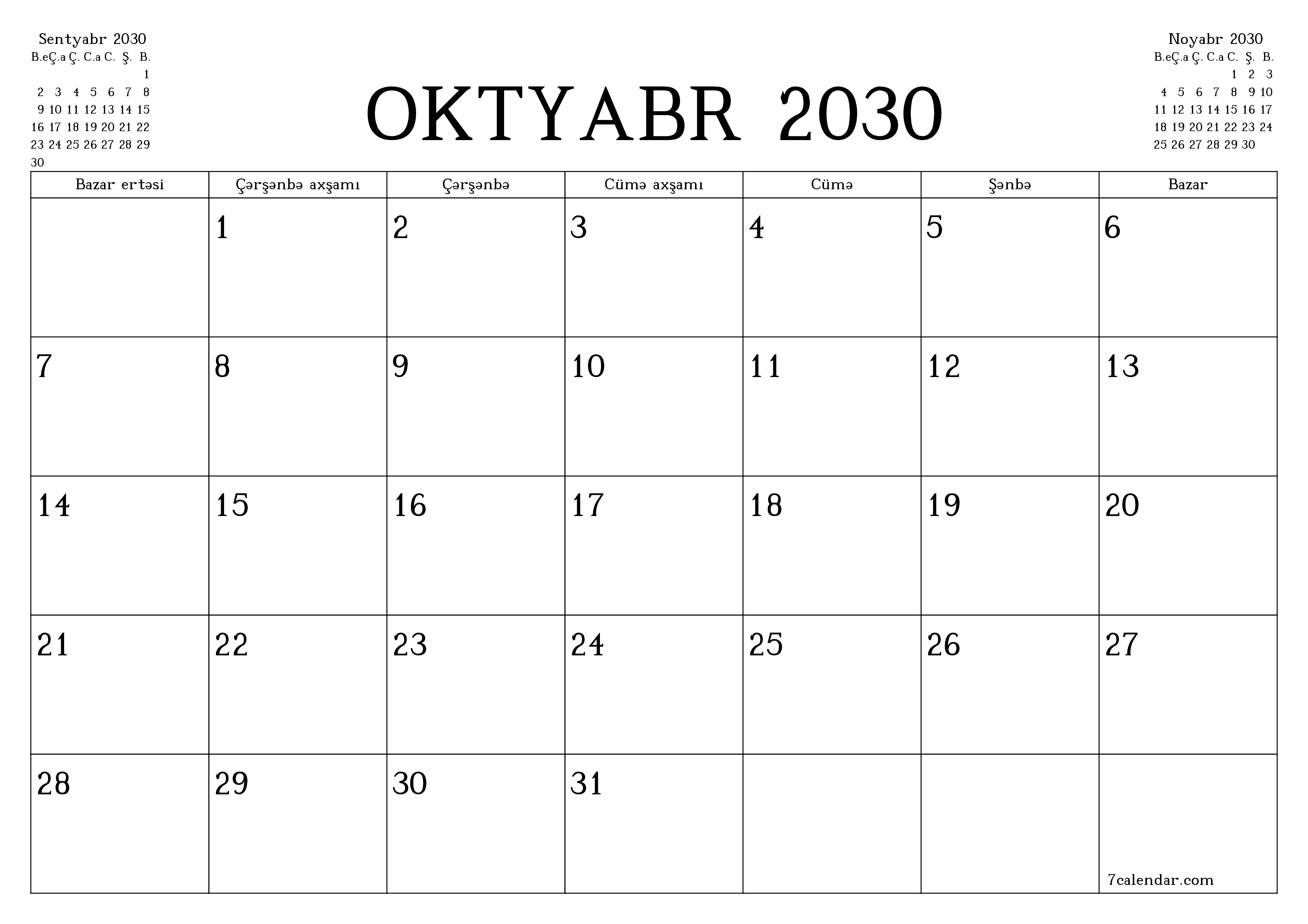 Oktyabr 2030 ayı üçün qeydlər ilə boş aylıq planlayıcı, qeyd edin və PDF-ə yazdırın PNG Azerbaijani