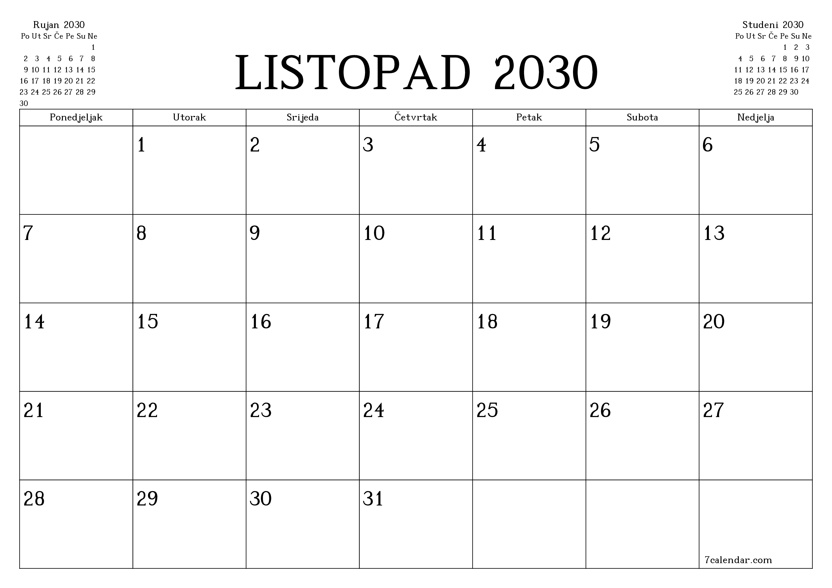 Ispraznite mjesečni planer za mjesec Listopad 2030 s bilješkama, spremite i ispišite u PDF PNG Croatian