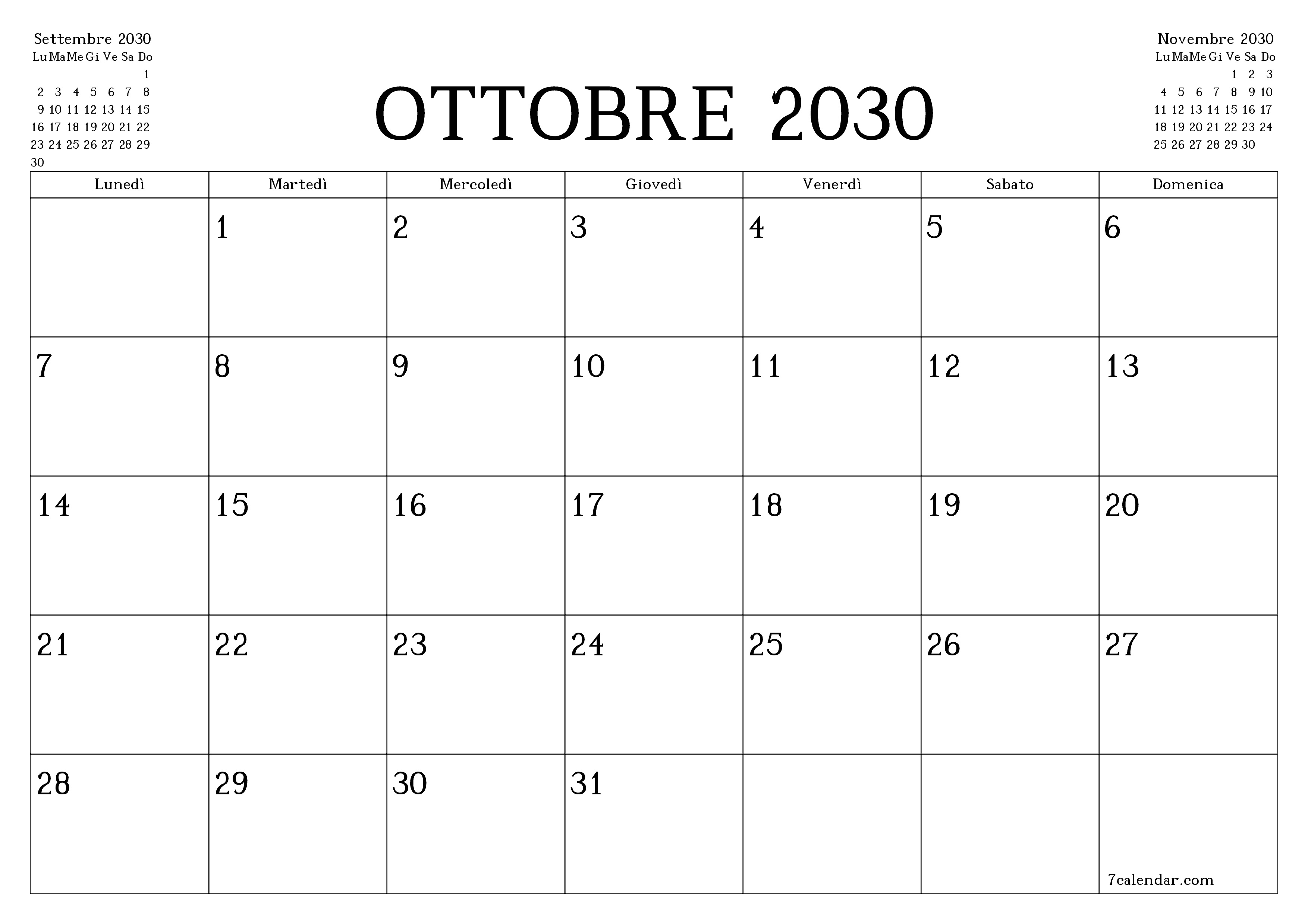Pianificatore mensile vuoto per il mese Ottobre 2030 con note, salva e stampa in PDF PNG Italian