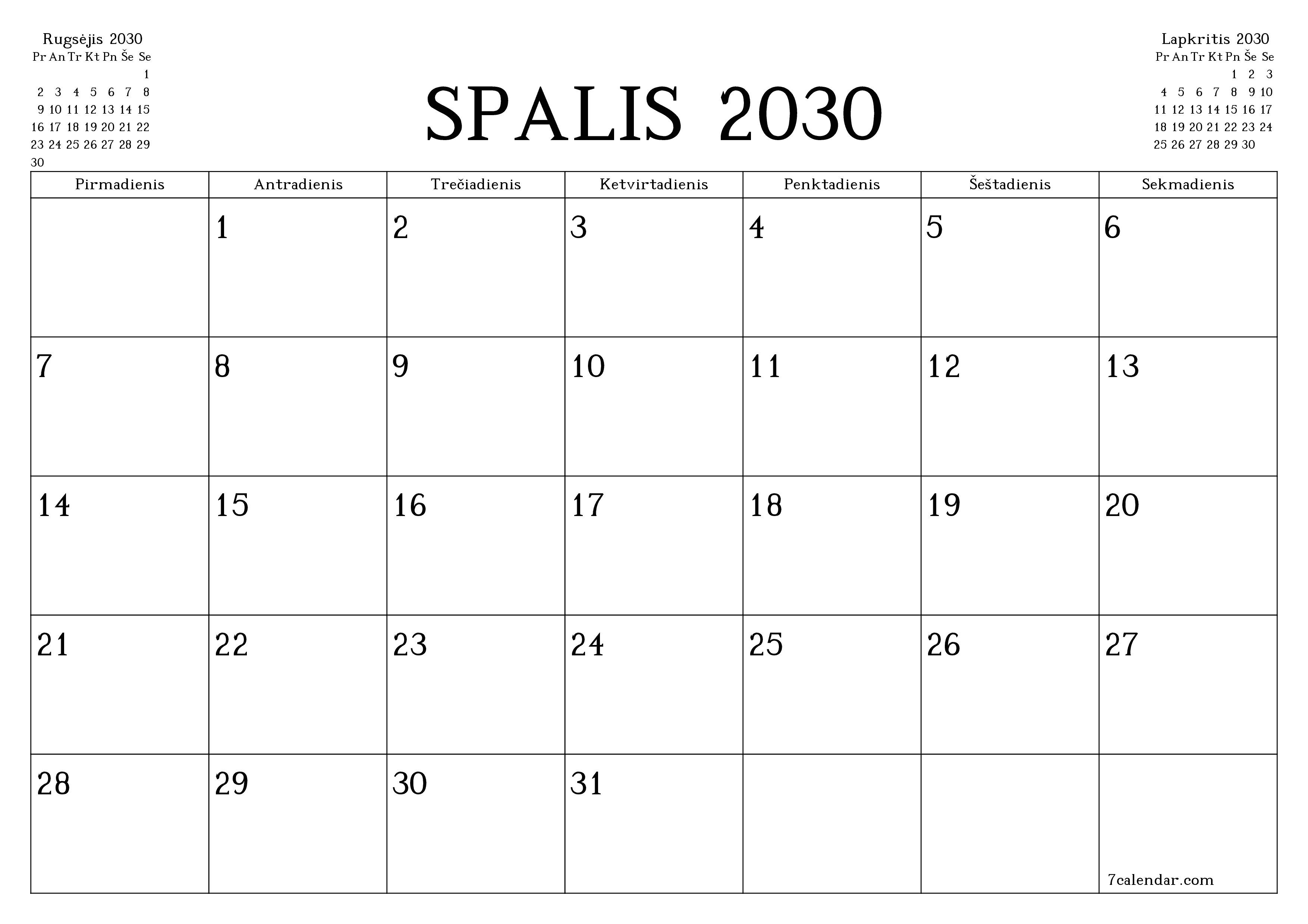 Ištuštinti mėnesio Spalis 2030 mėnesio planavimo priemonę su užrašais, išsaugoti ir atsispausdinti PDF formate PNG Lithuanian