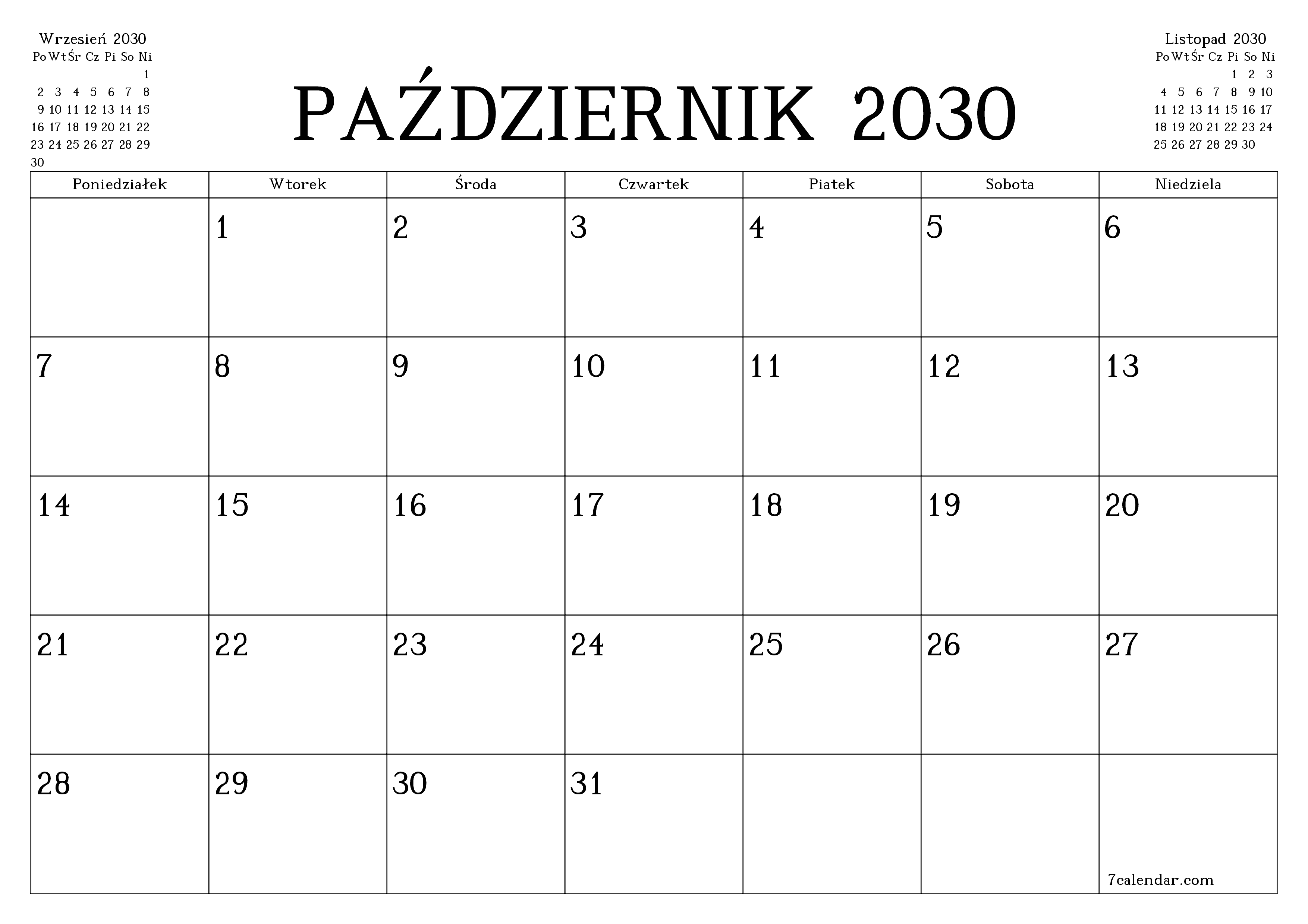 Opróżnij miesięczny planer na miesiąc Październik 2030 z notatkami, zapisz i wydrukuj w formacie PDF PNG Polish