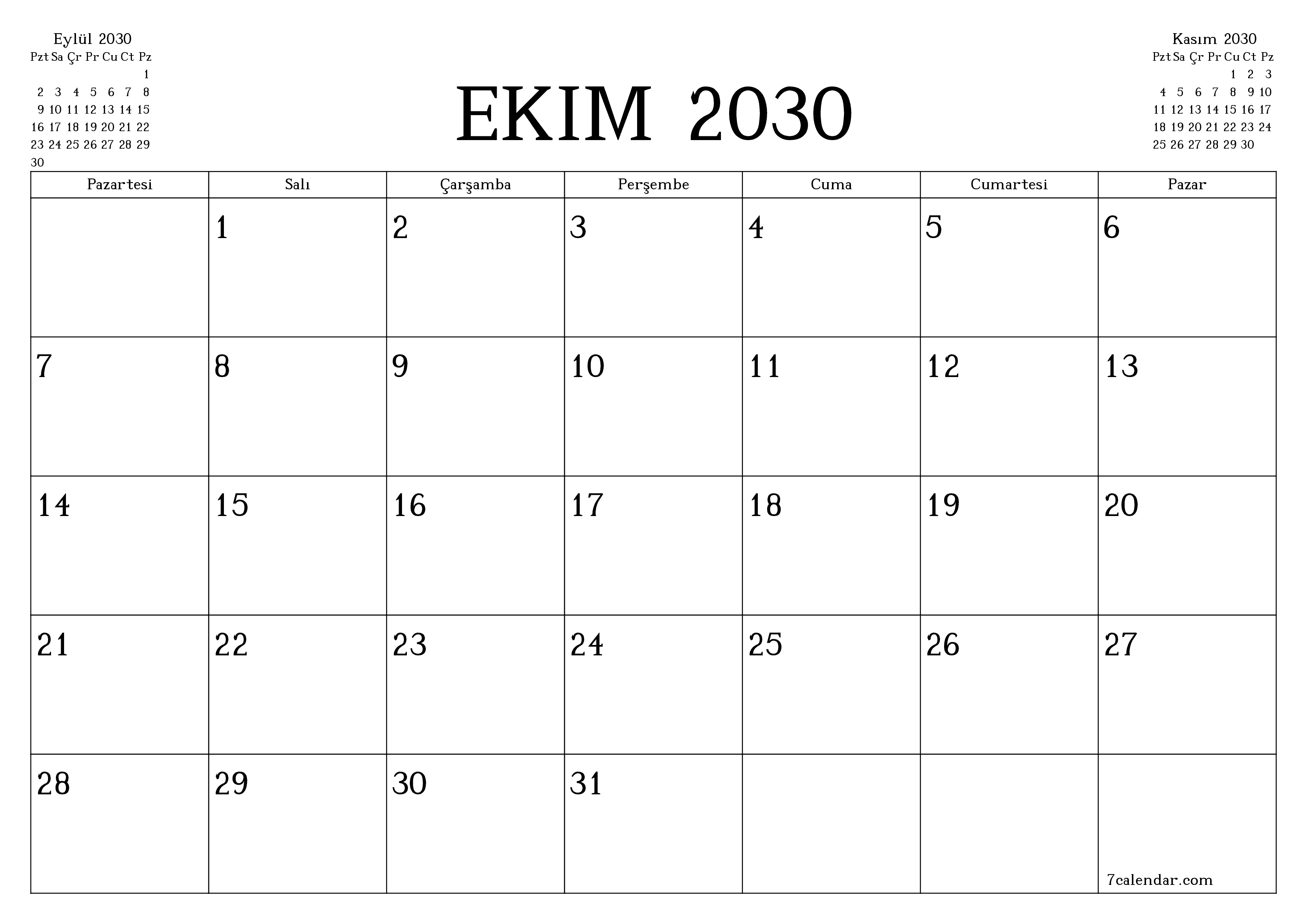 Ekim 2030 ayı için notlarla birlikte boş aylık planlayıcı, kaydedin ve PDF'ye yazdırın PNG Turkish