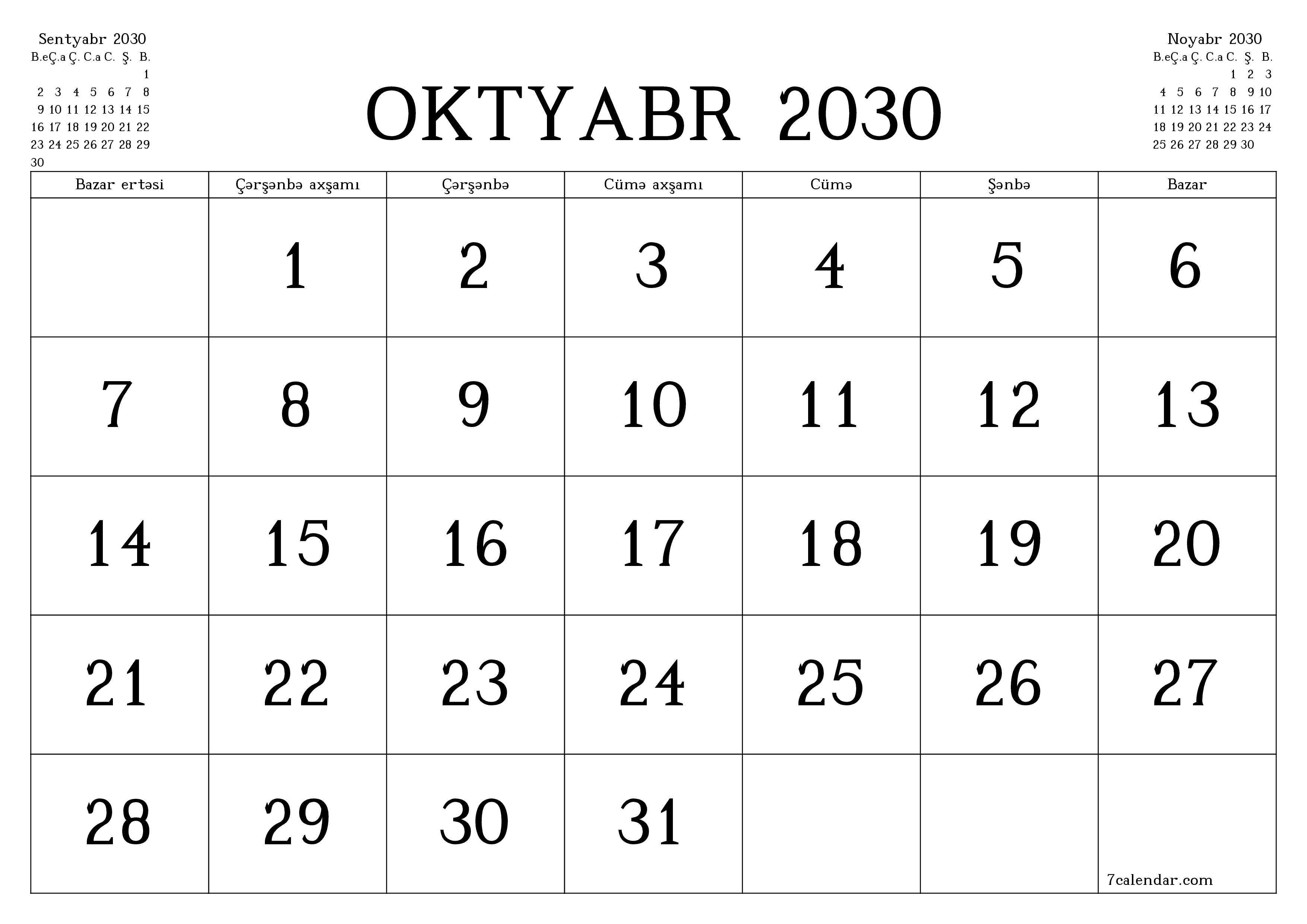 Oktyabr 2030 ayı üçün qeydlər ilə boş aylıq planlayıcı, qeyd edin və PDF-ə yazdırın PNG Azerbaijani