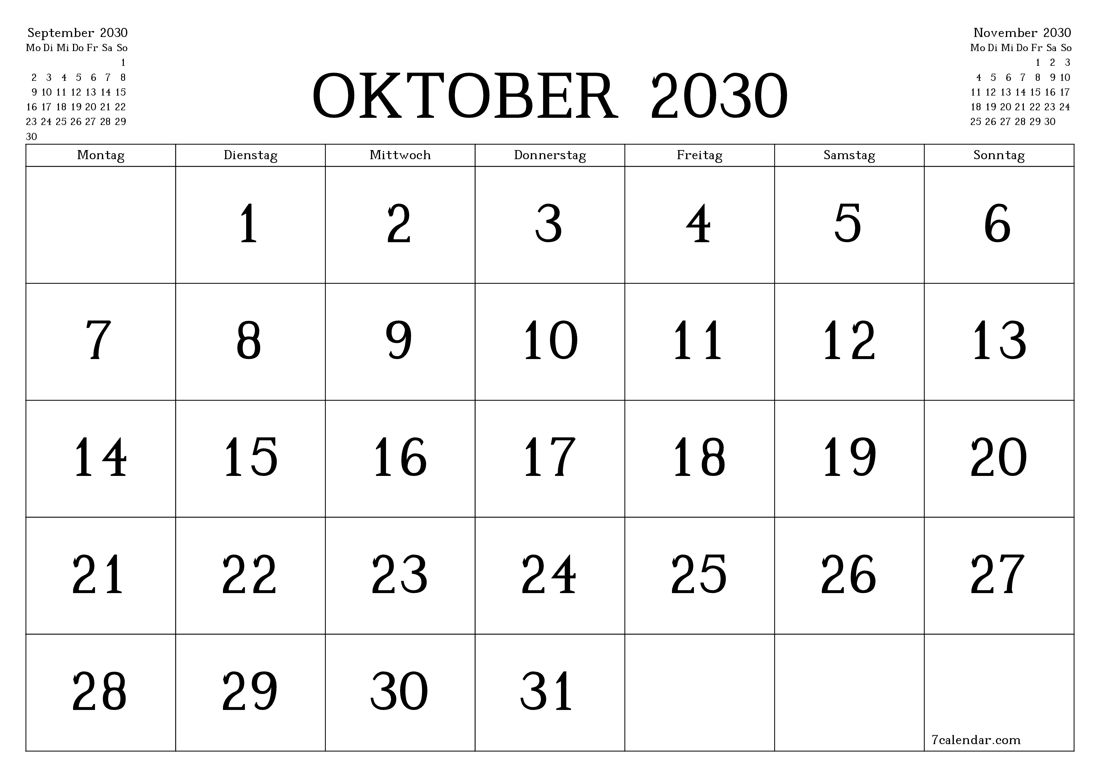 Monatsplaner für Monat Oktober 2030 mit Notizen leeren, speichern und als PDF PNG German - 7calendar.com drucken