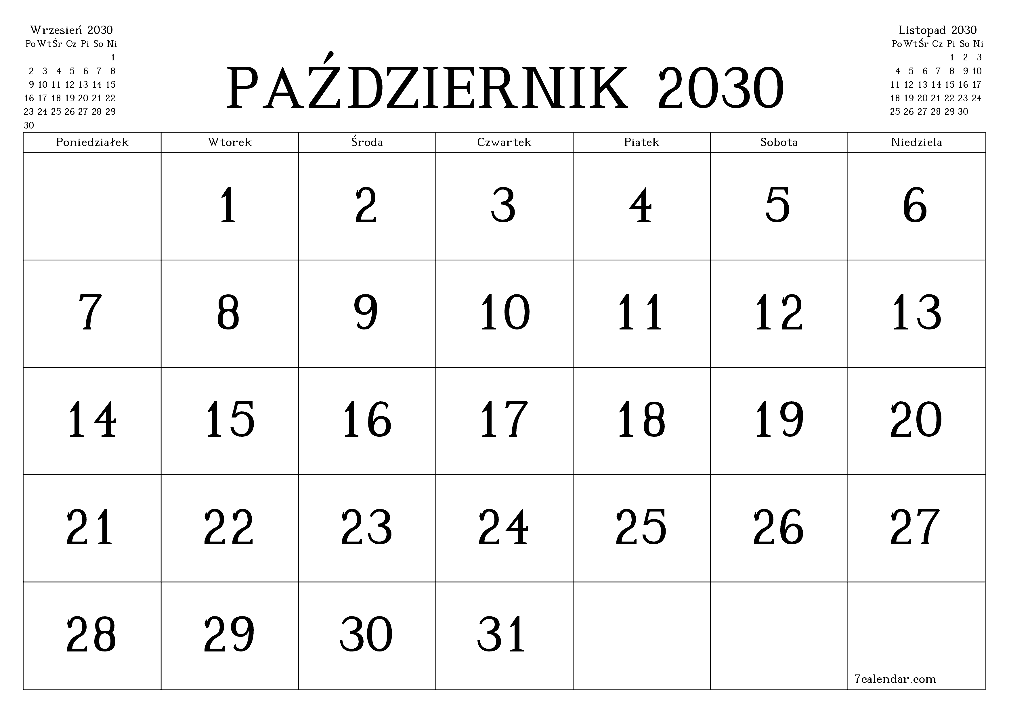 Opróżnij miesięczny planer na miesiąc Październik 2030 z notatkami, zapisz i wydrukuj w formacie PDF PNG Polish