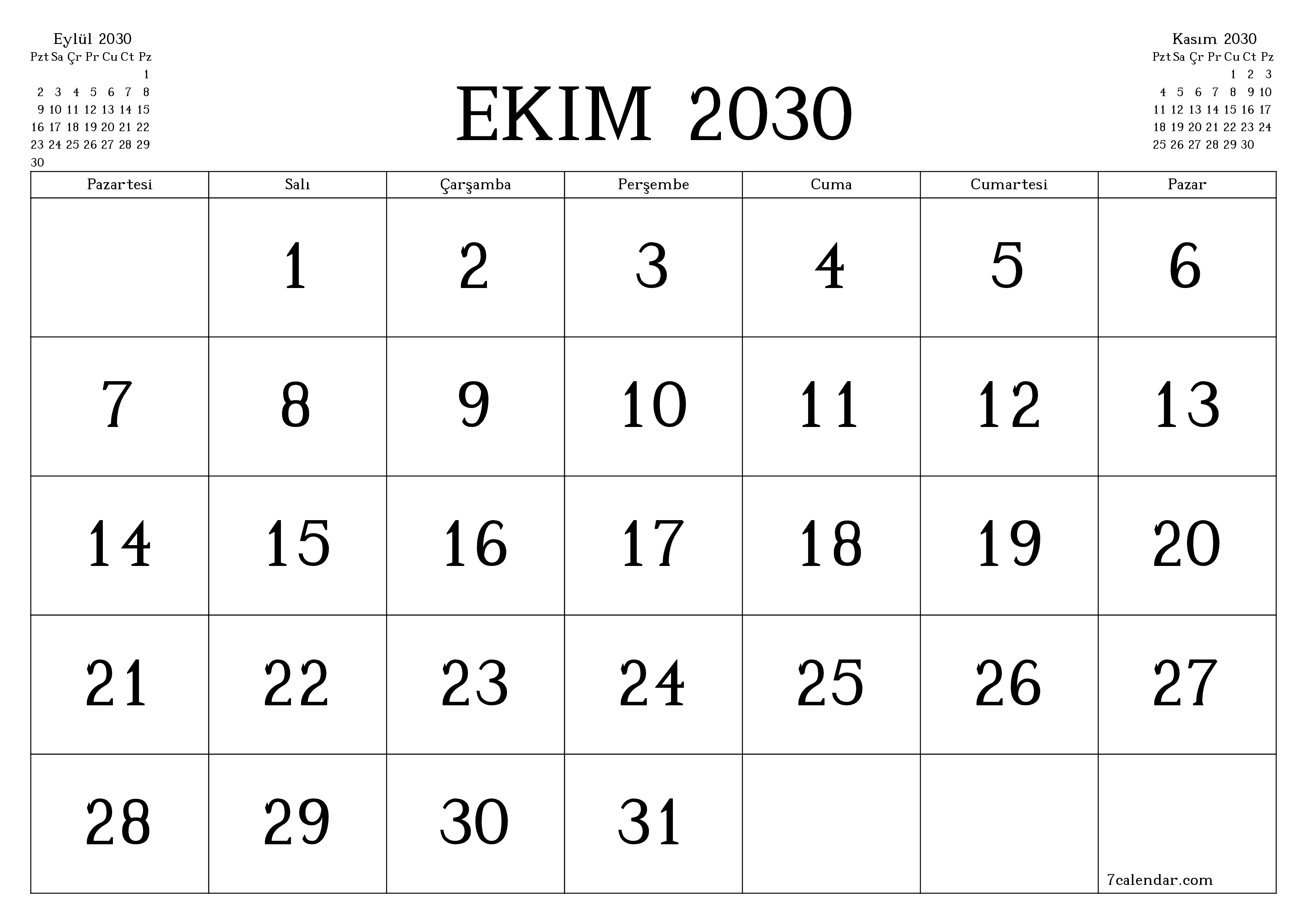 Ekim 2030 ayı için notlarla birlikte boş aylık planlayıcı, kaydedin ve PDF'ye yazdırın PNG Turkish