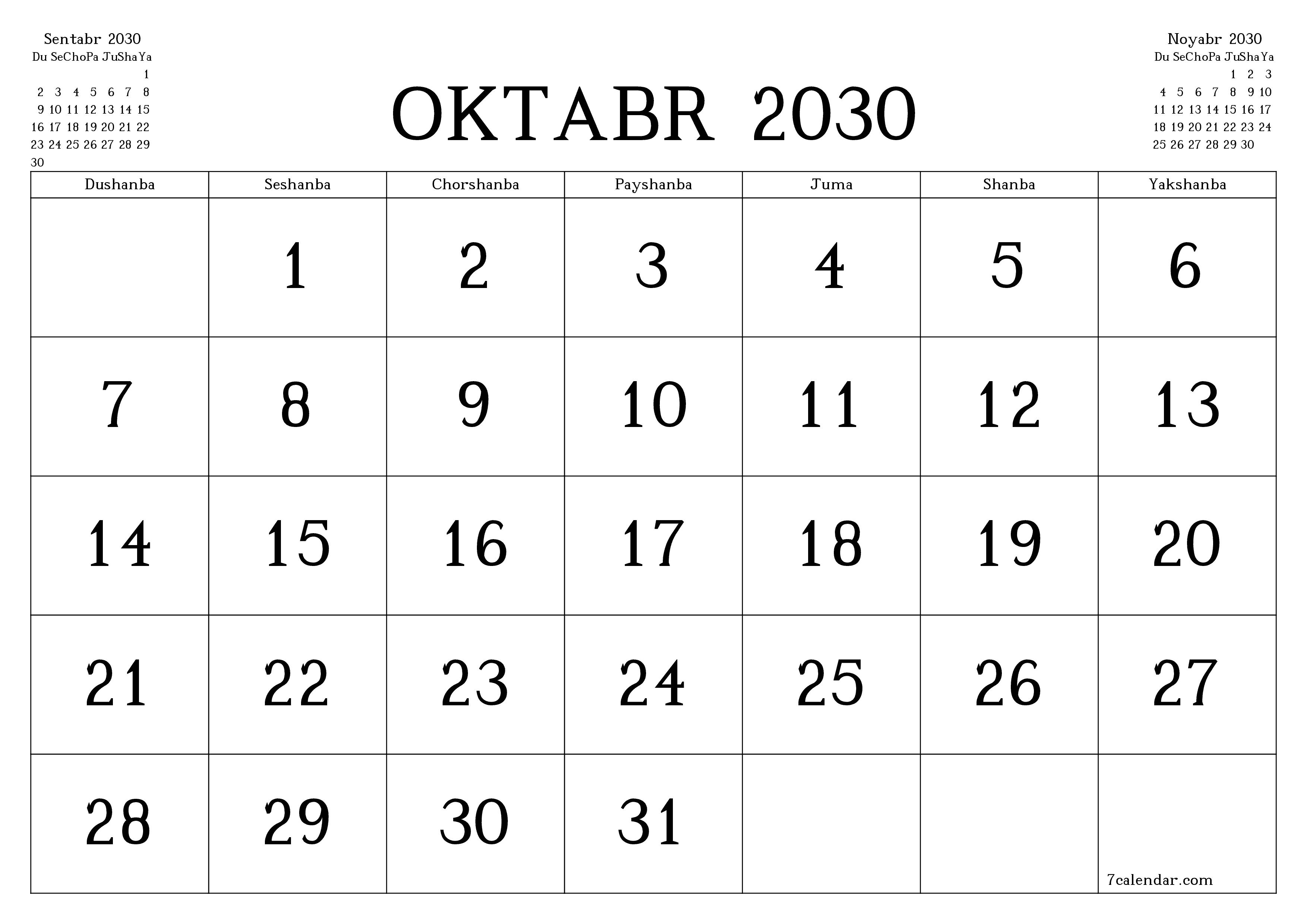 Oktabr 2030 oylik oylik rejalashtiruvchini yozuvlar bilan bo'shatish, saqlash va PDF-ga chop etish PNG Uzbek