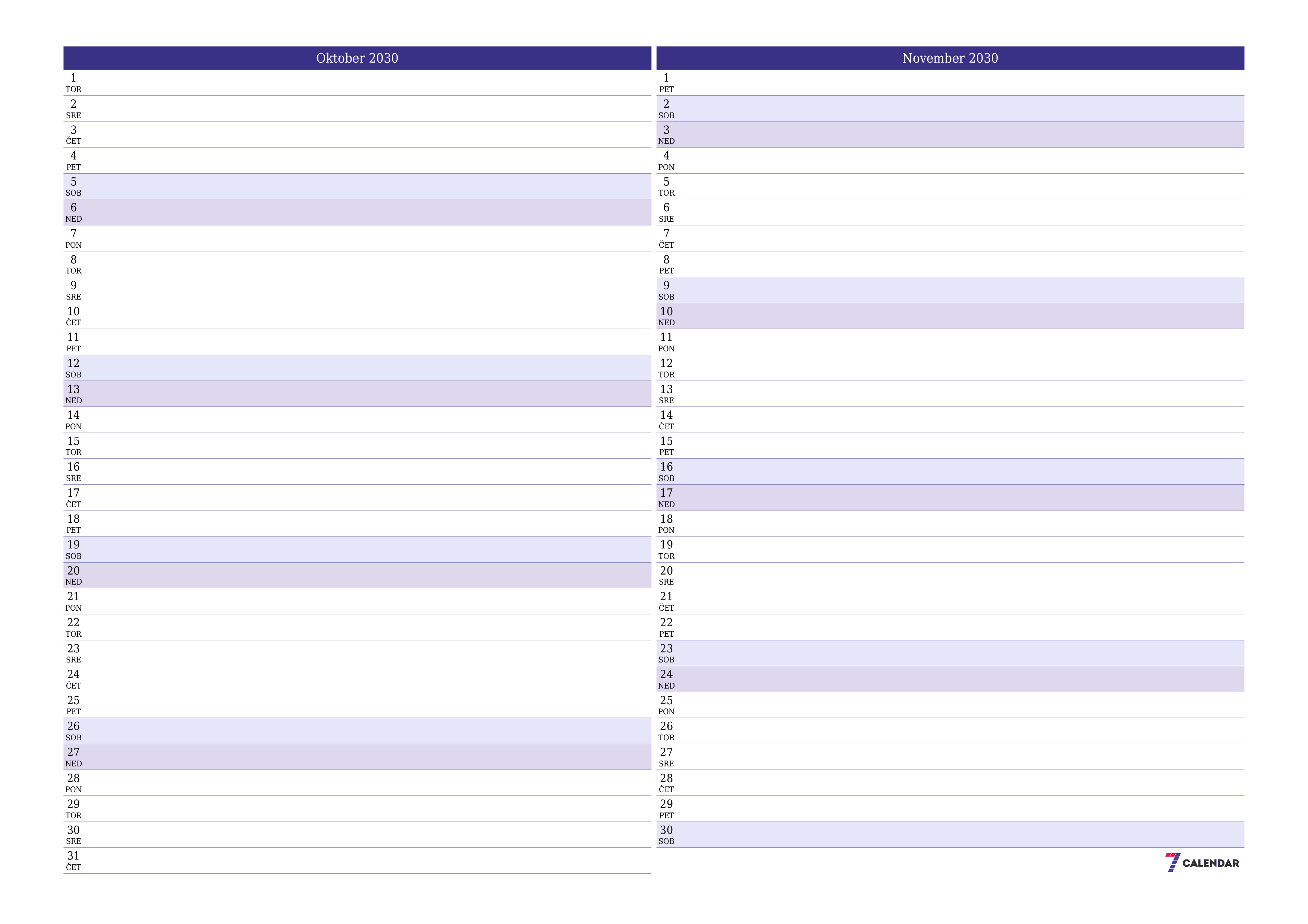 Prazen mesečni načrtovalec koledarja za mesec Oktober 2030 z opombami, natisnjenimi v PDF PNG Slovenian