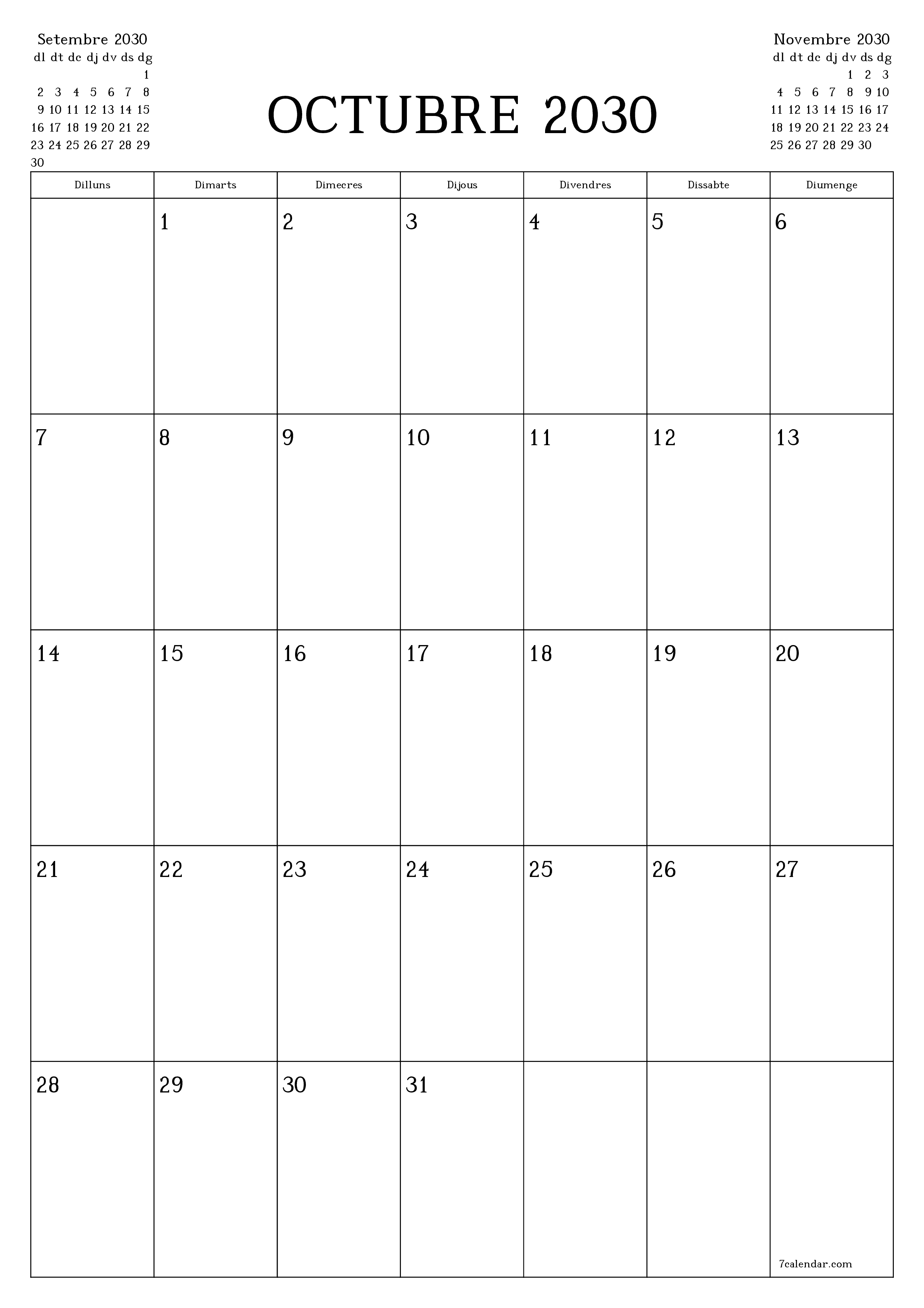 Planificador mensual buit del mes Octubre 2030 amb notes, deseu-lo i imprimiu-lo en format PDF PNG Catalan