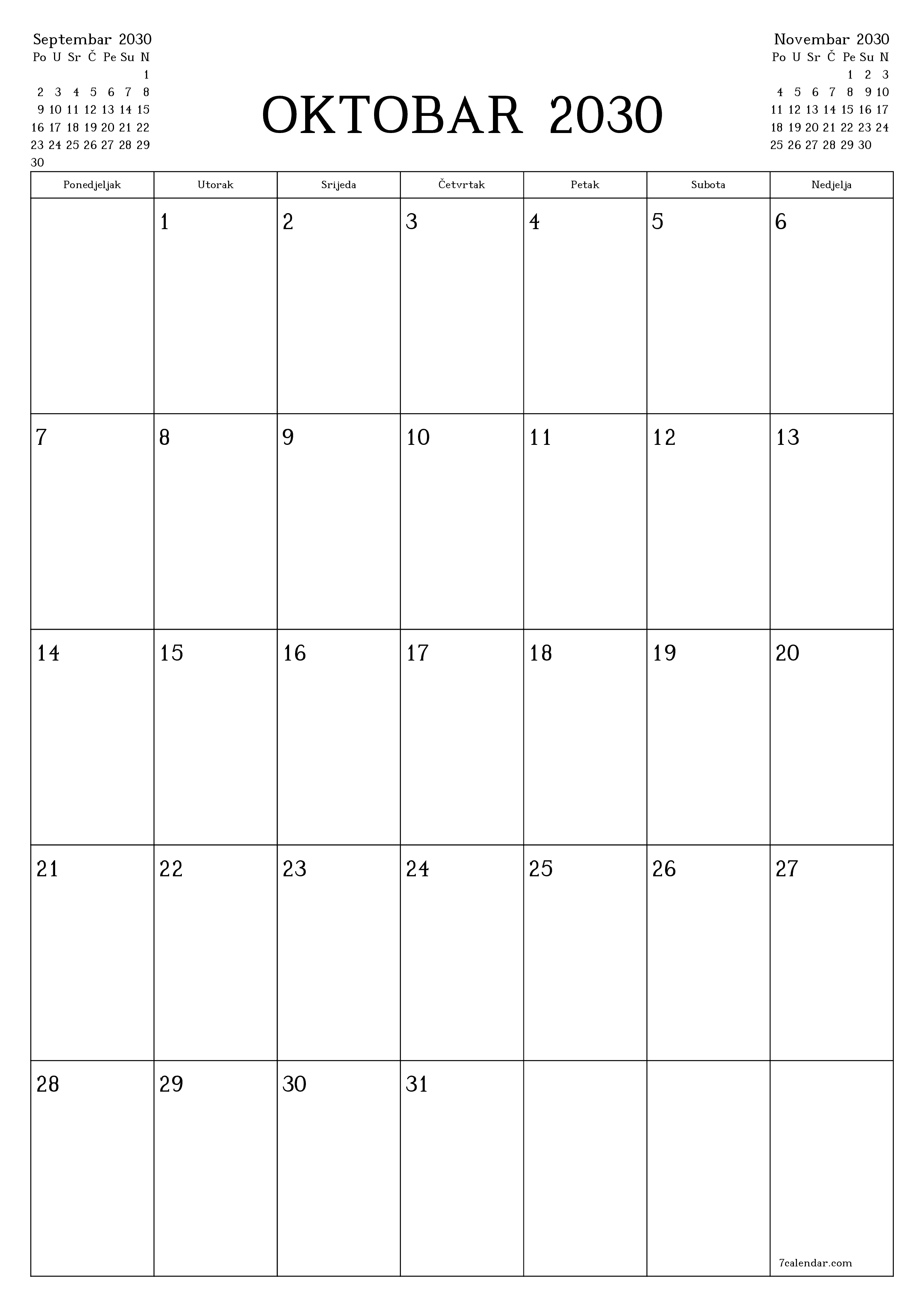  za štampanje zidni šablon a besplatni vertikalno Mjesečno planer kalendar Oktobar (Okt) 2030