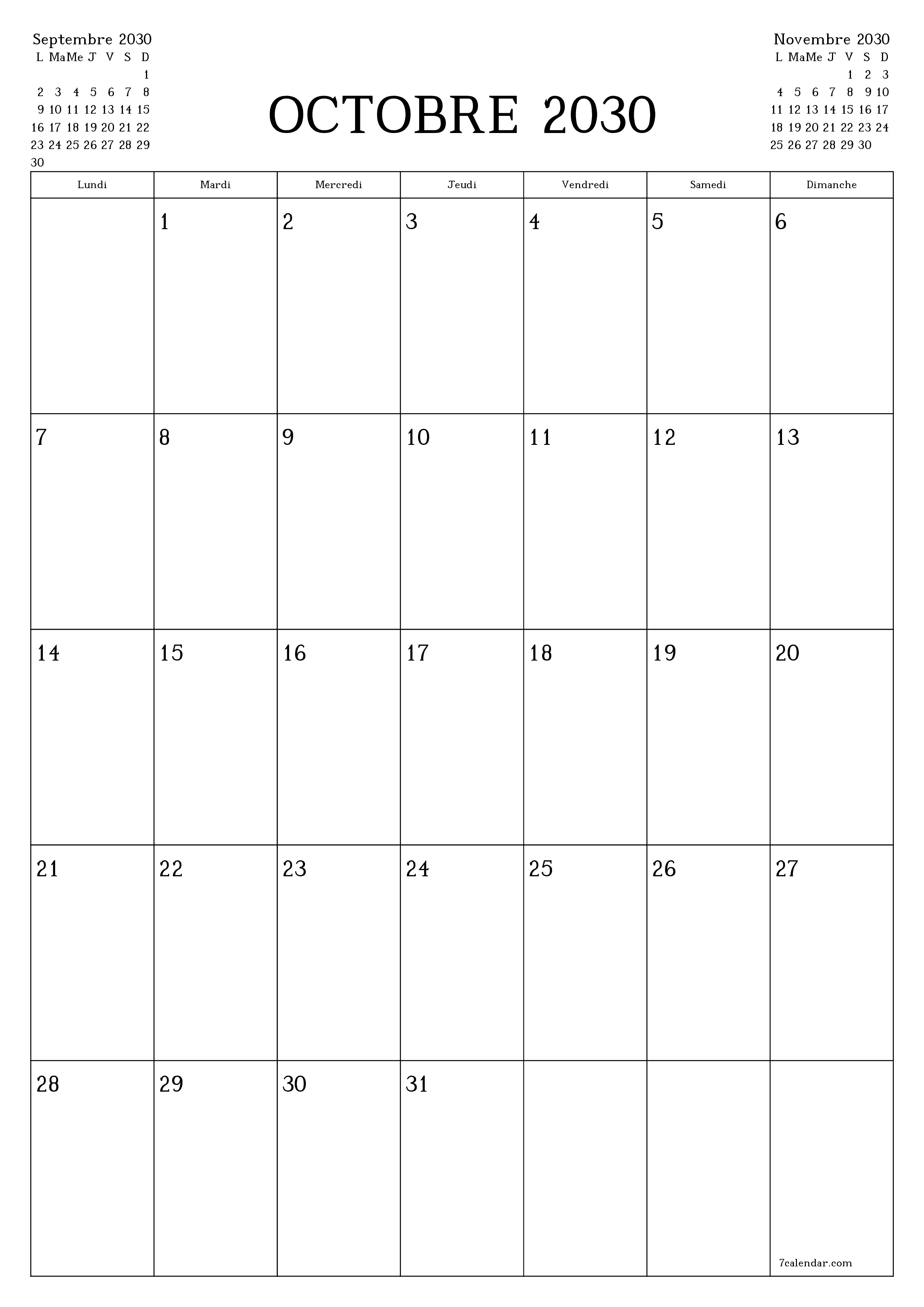  imprimable mural modèle de gratuitverticale Mensuel planificateur calendrier Octobre (Oct) 2030