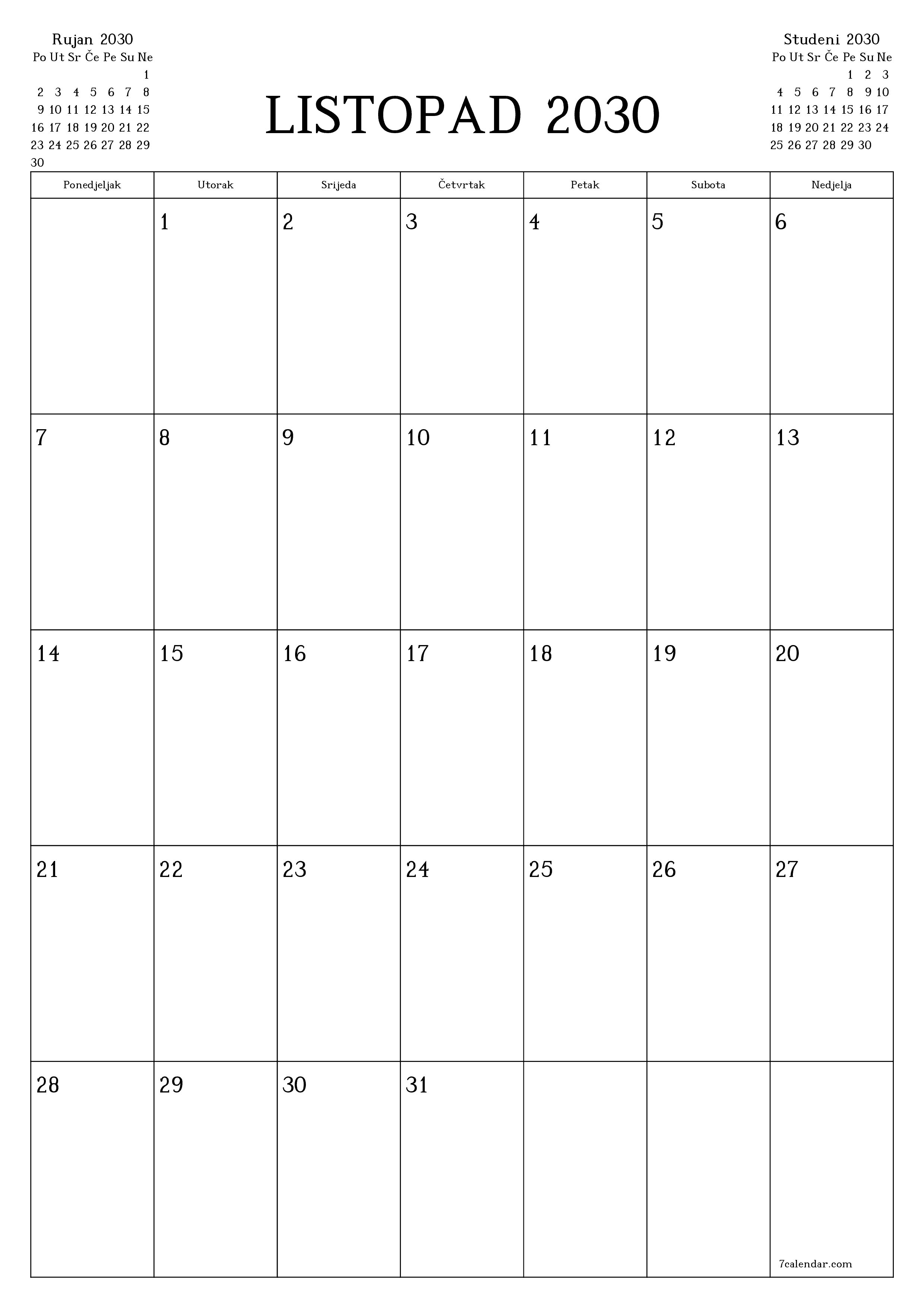  za ispis zidni predložak a besplatni okomito Mjesečni planer kalendar Listopad (Lis) 2030