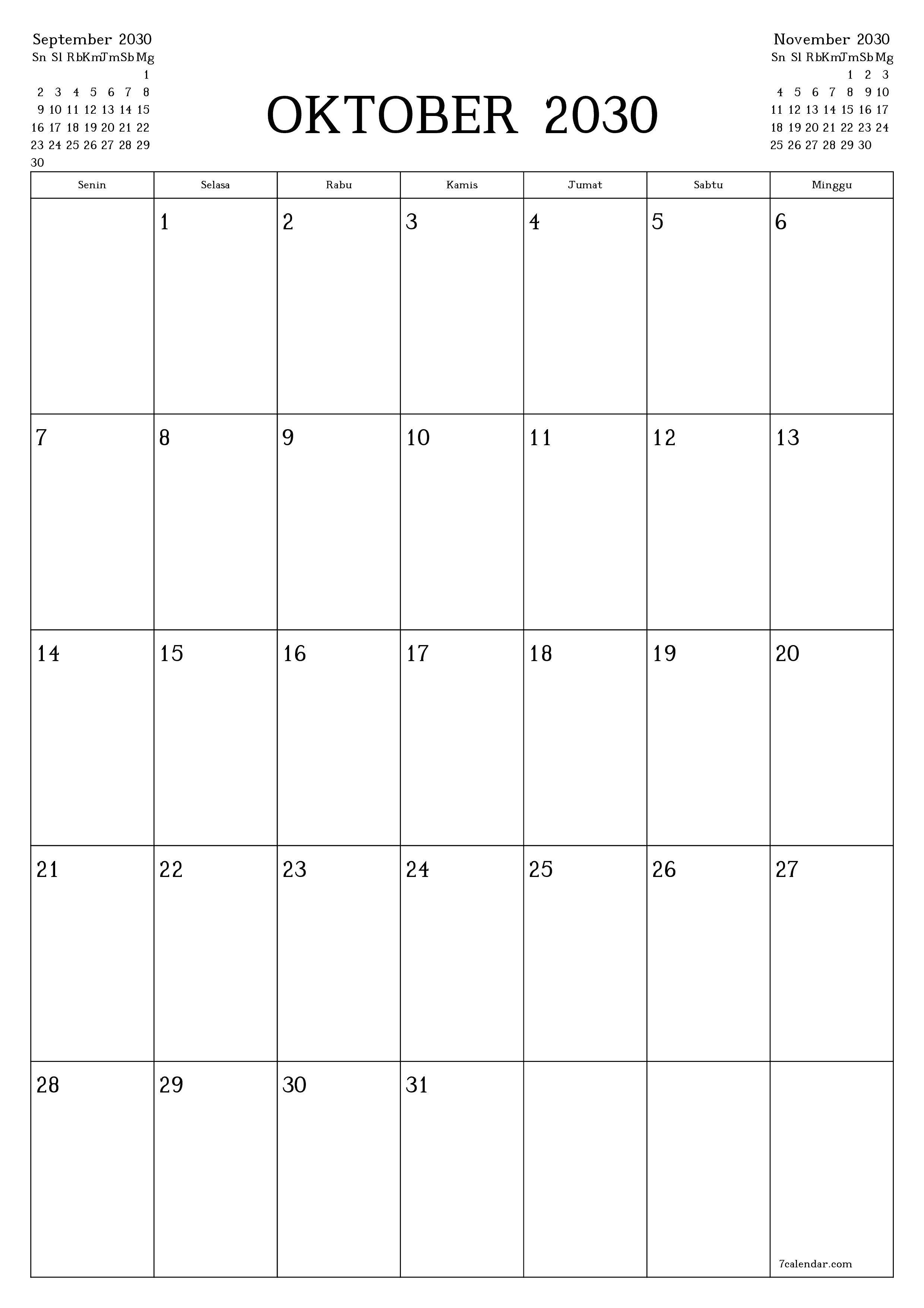  yang dapat dicetak dinding templat gratisvertikal Bulanan perencana kalender Oktober (Okt) 2030