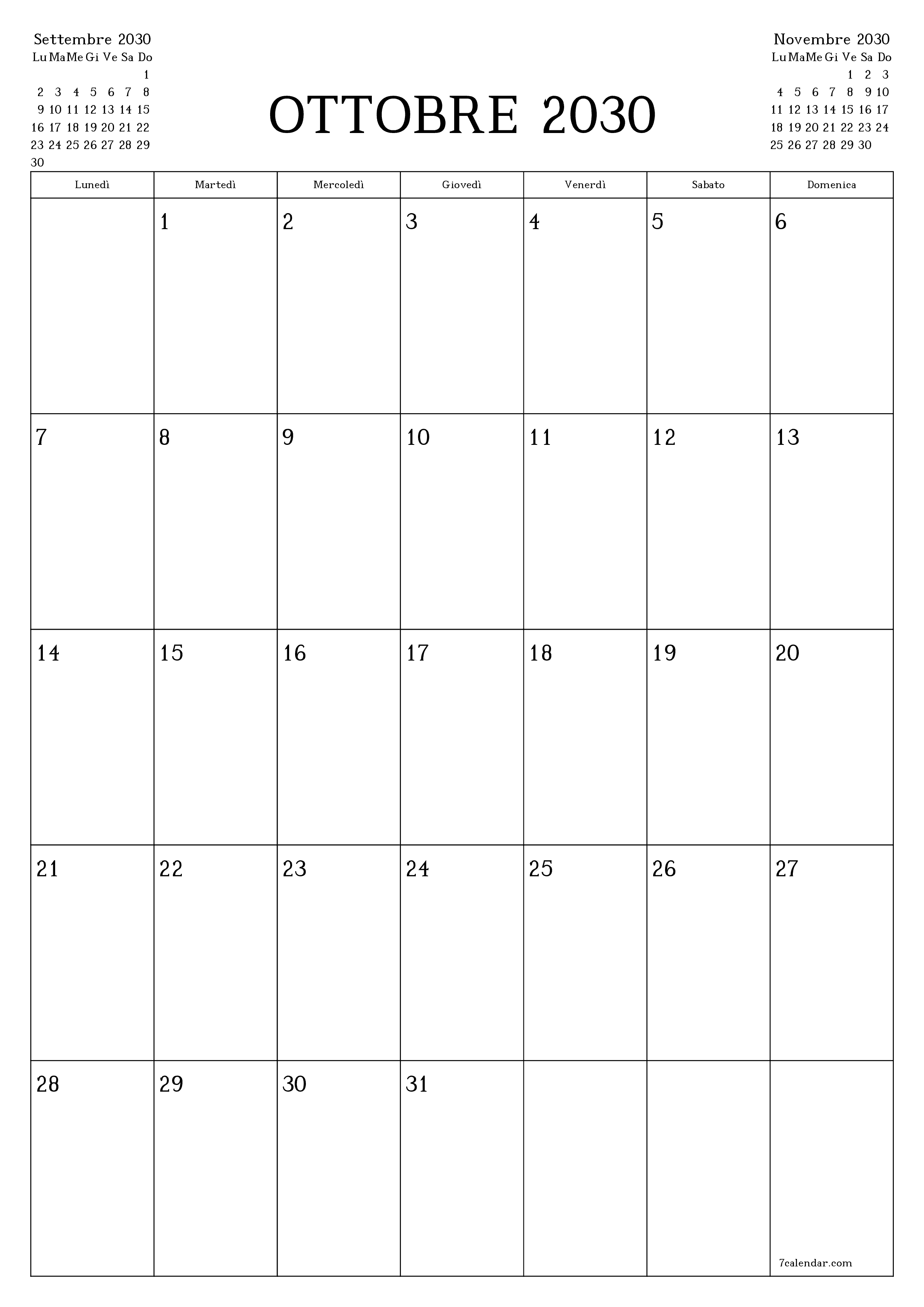  stampabile da parete modello di gratuitoverticale Mensile pianificatore calendario Ottobre (Ott) 2030