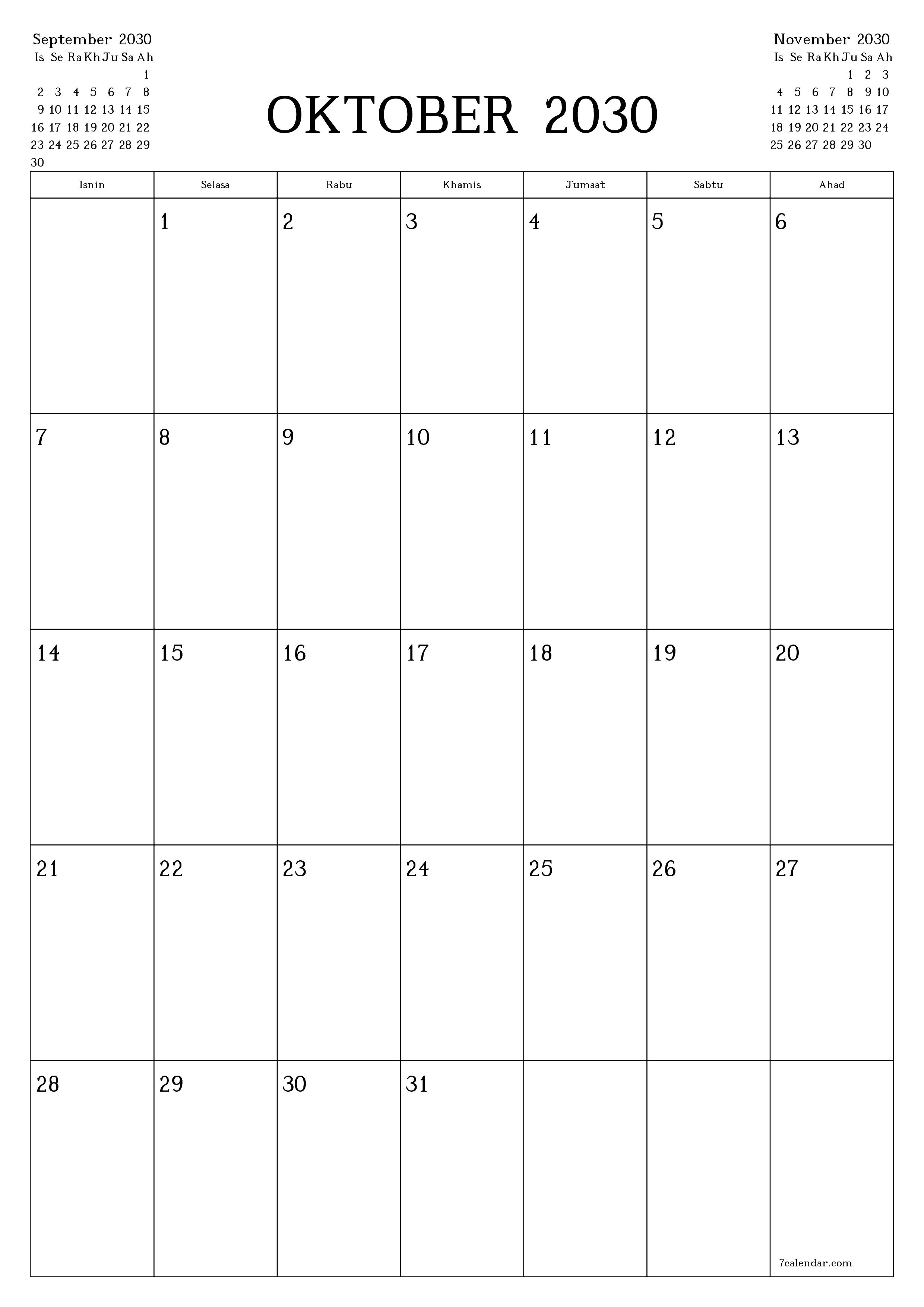  boleh cetak dinding templat percumamenegak Bulanan perancang kalendar Oktober (Okt) 2030