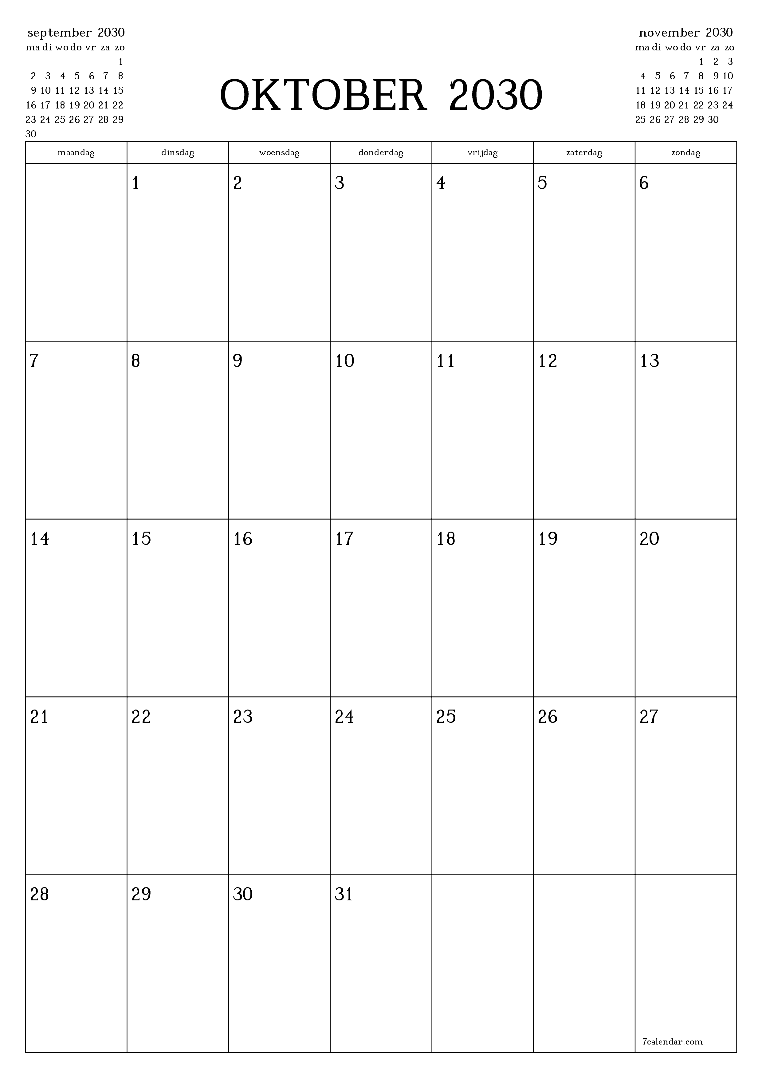 afdrukbare muur sjabloon gratis verticaal Maandelijks planner kalender oktober (okt) 2030