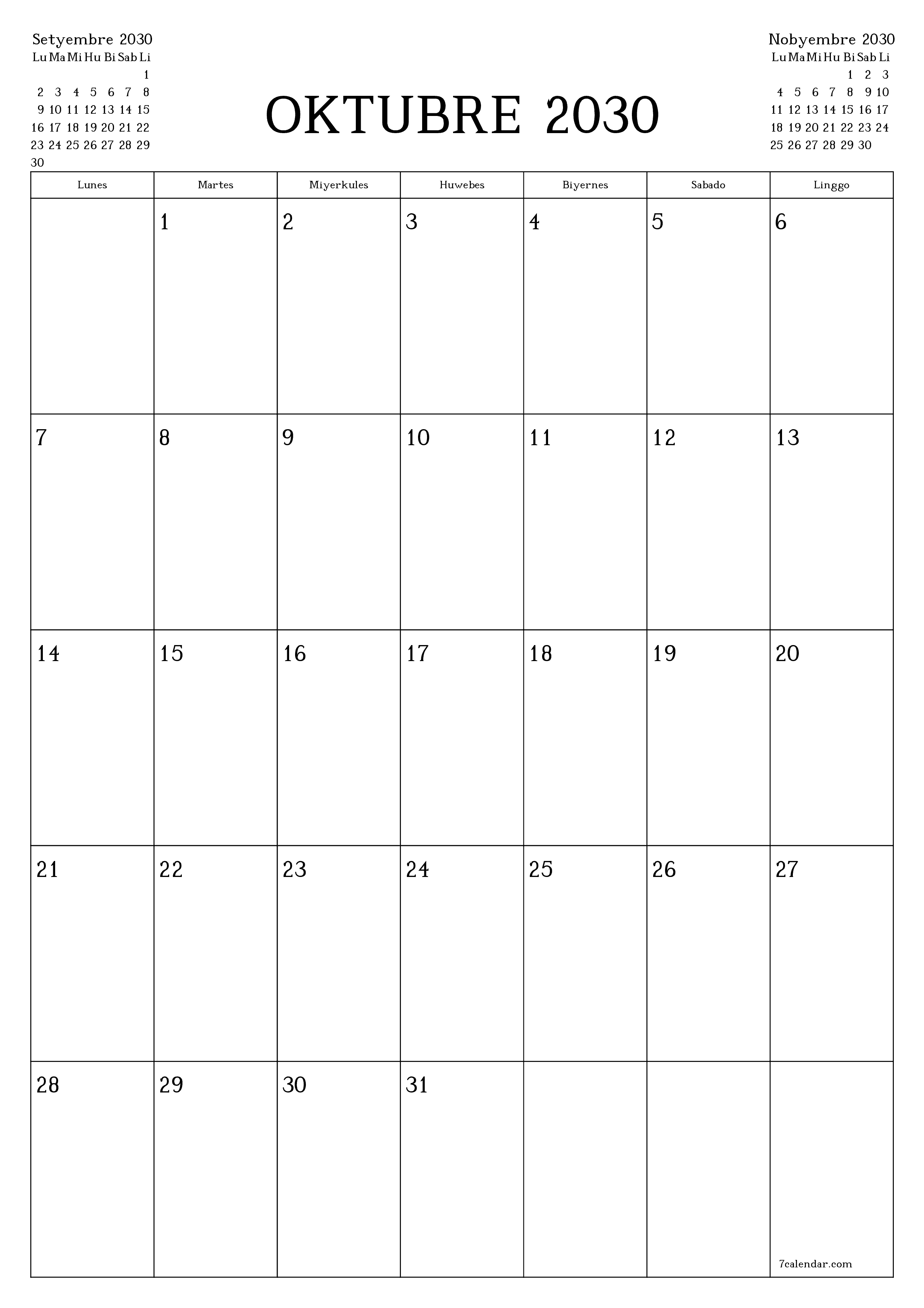 napi-print na sa dingding template ng libreng patayo Buwanang tagaplano kalendaryo Oktubre (Okt) 2030