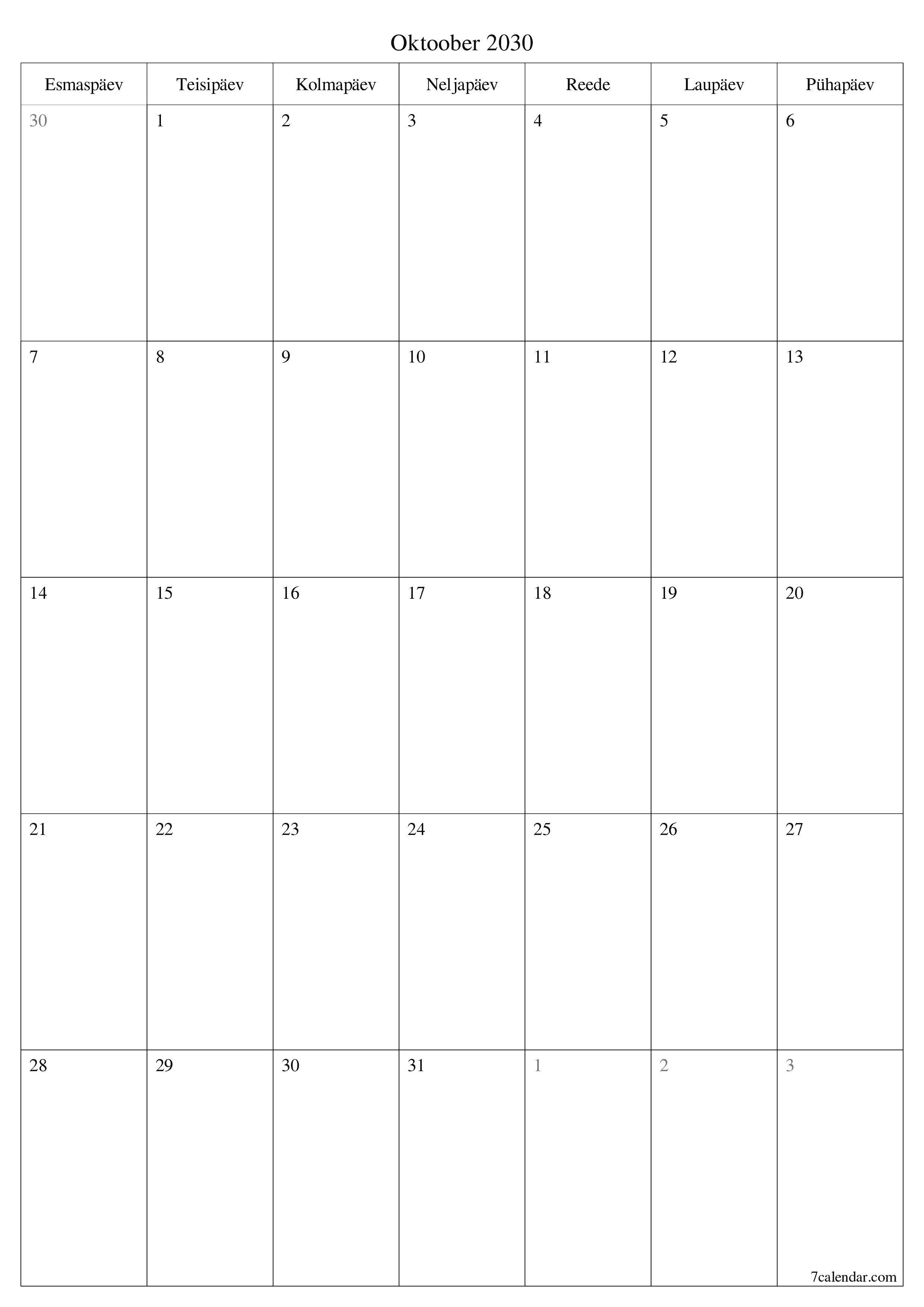 prinditav seina kalendri mall tasuta vertikaalne Igakuine planeerija kalender Oktoober (Okt) 2030