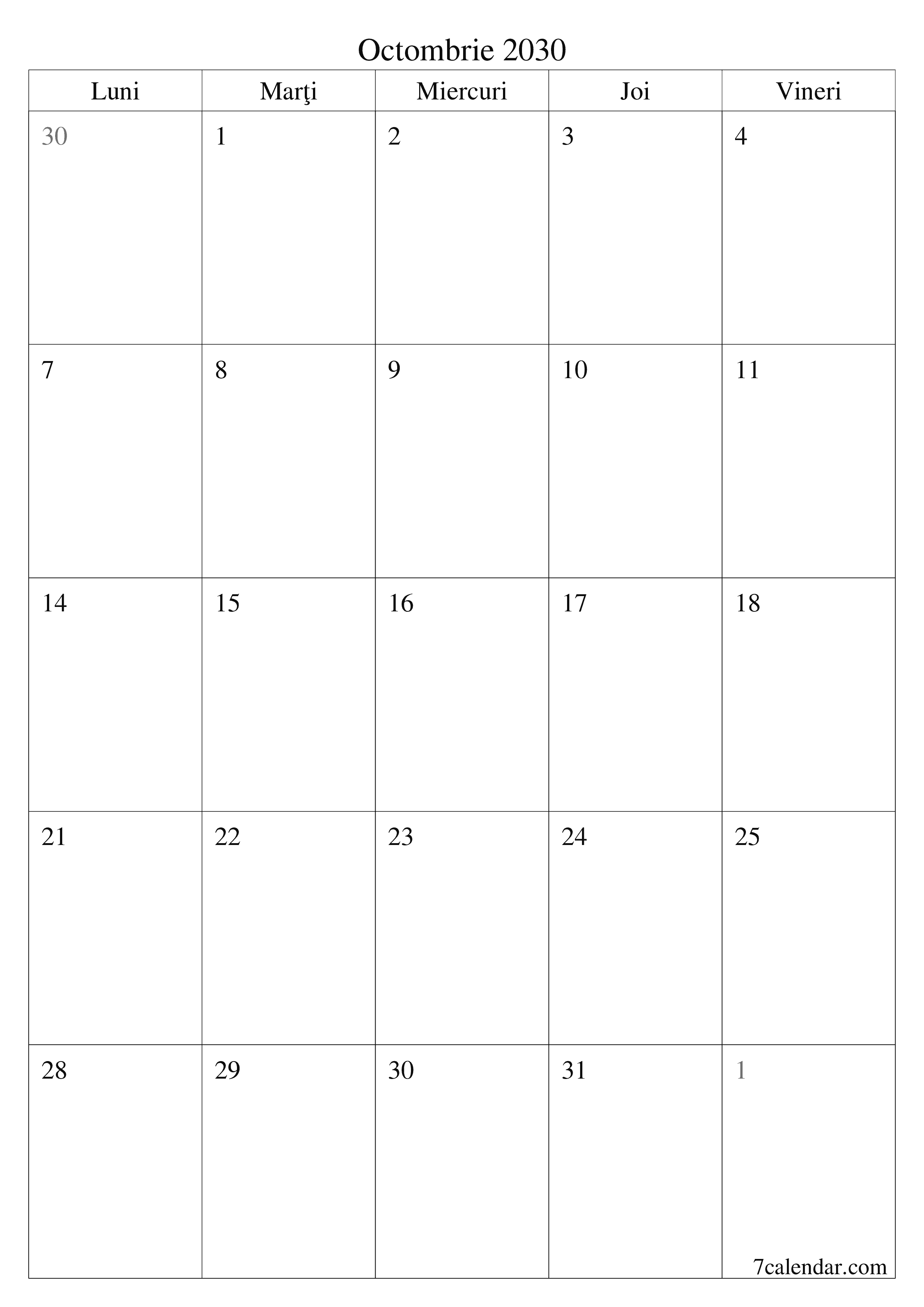 imprimabil de perete șablon de gratuitvertical Lunar planificator calendar Octombrie (Oct) 2030
