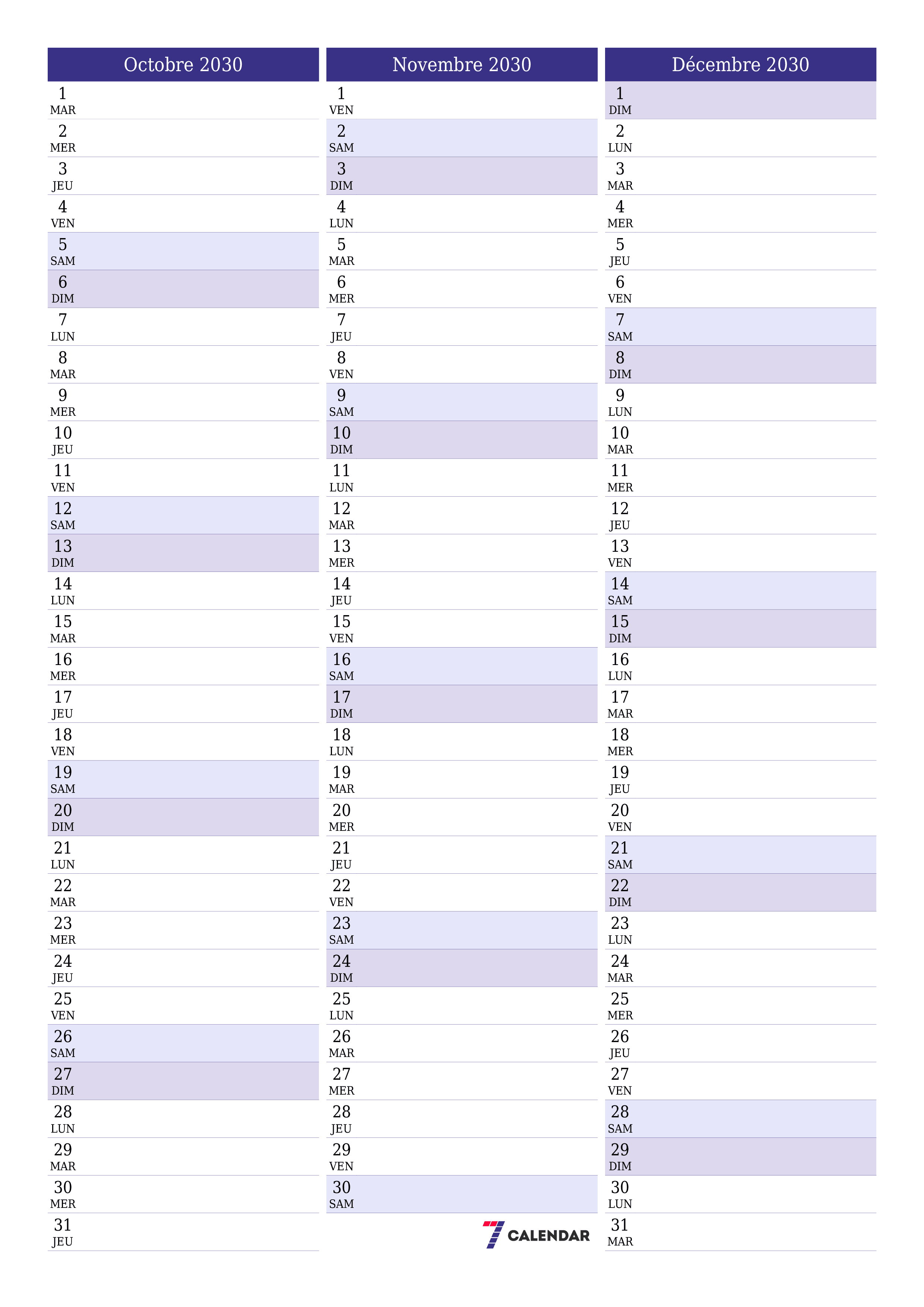  imprimable mural modèle de gratuitverticale Mensuel planificateur calendrier Octobre (Oct) 2030