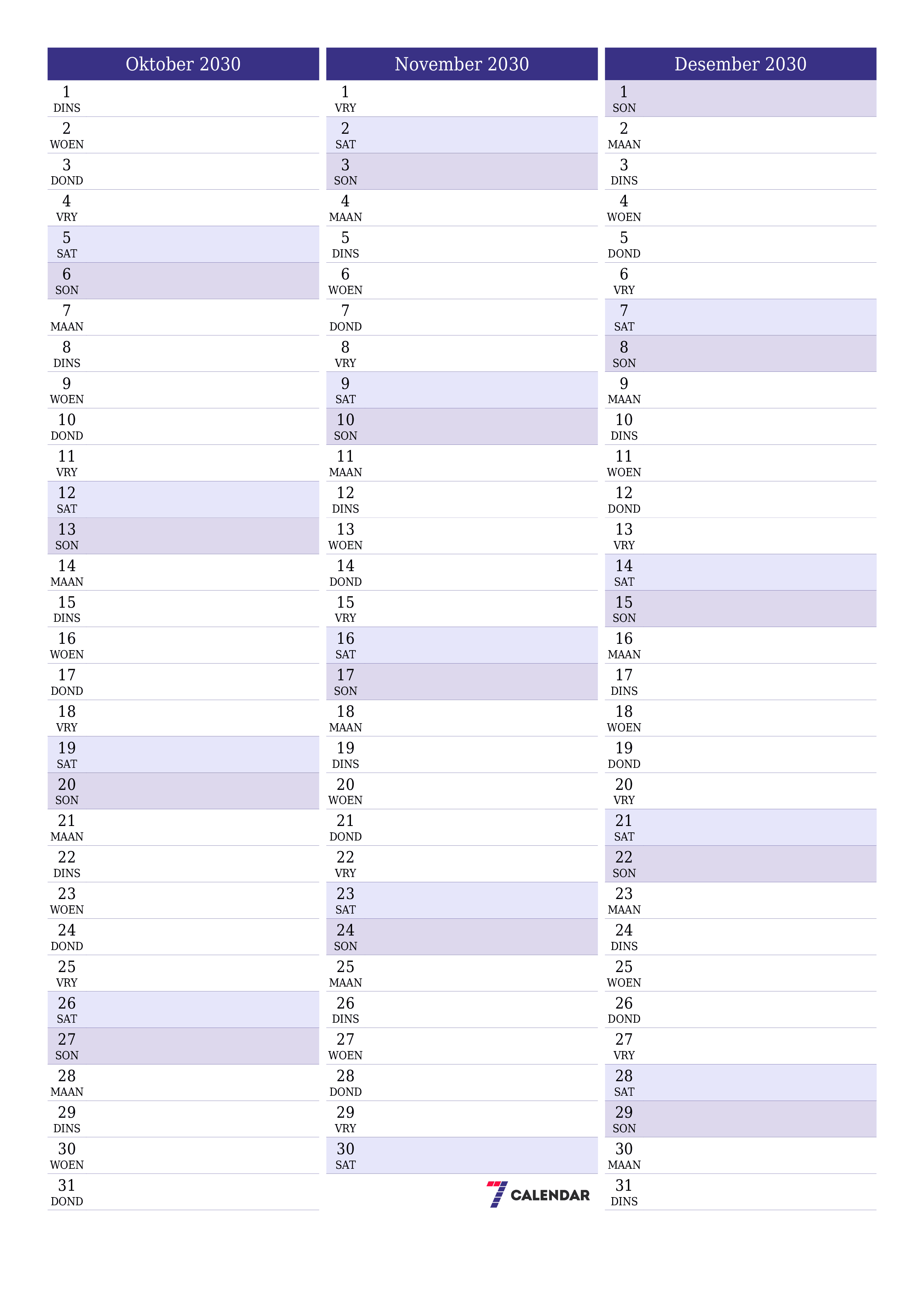 drukbare muur template gratis vertikaal Maandeliks beplanner kalender Oktober (Okt) 2030