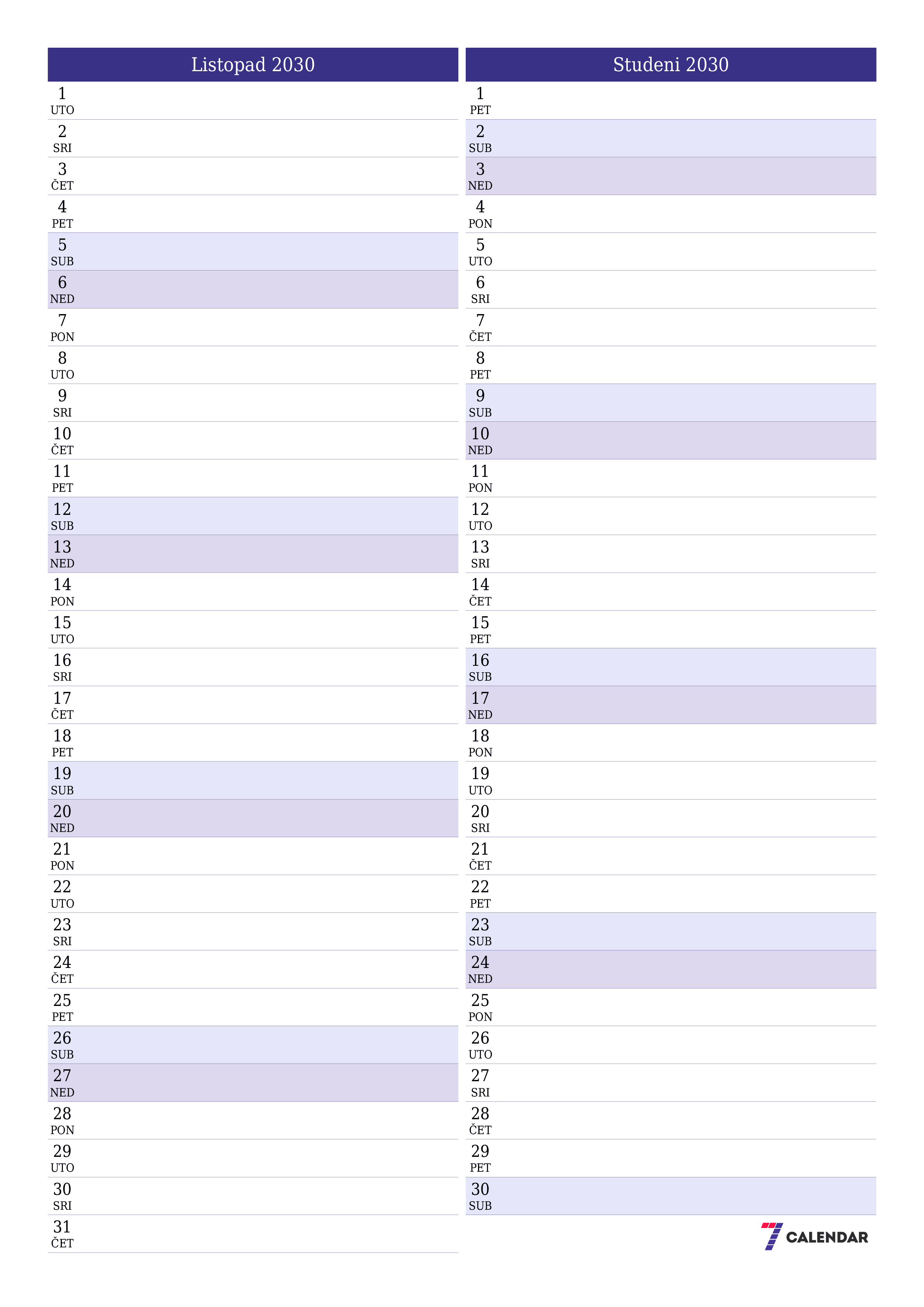  za ispis zidni predložak a besplatni okomito Mjesečni planer kalendar Listopad (Lis) 2030
