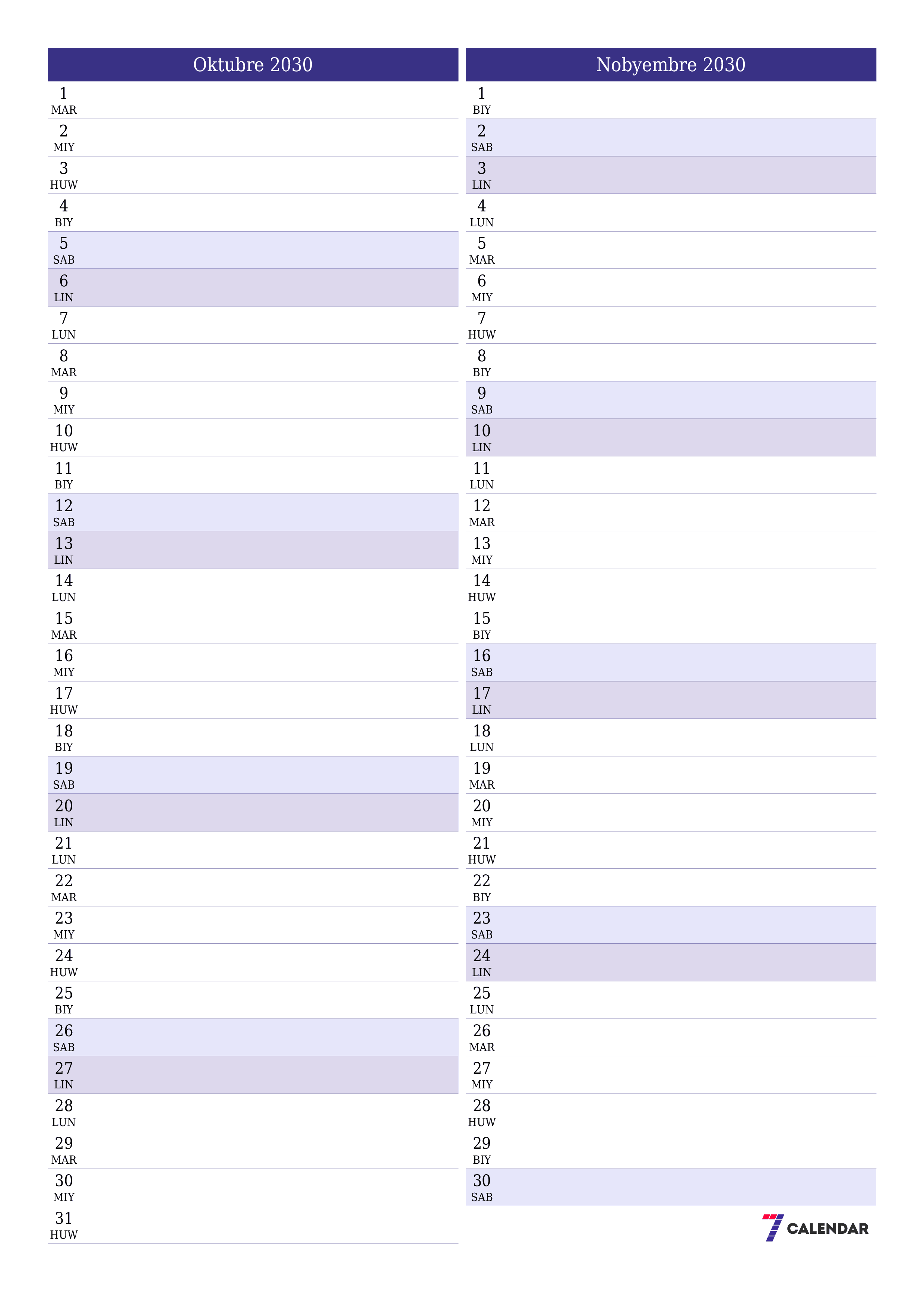 Walang laman na buwanang tagaplano para sa buwan na Oktubre 2030 na may mga tala, i-save at i-print sa PDF PNG Filipino
