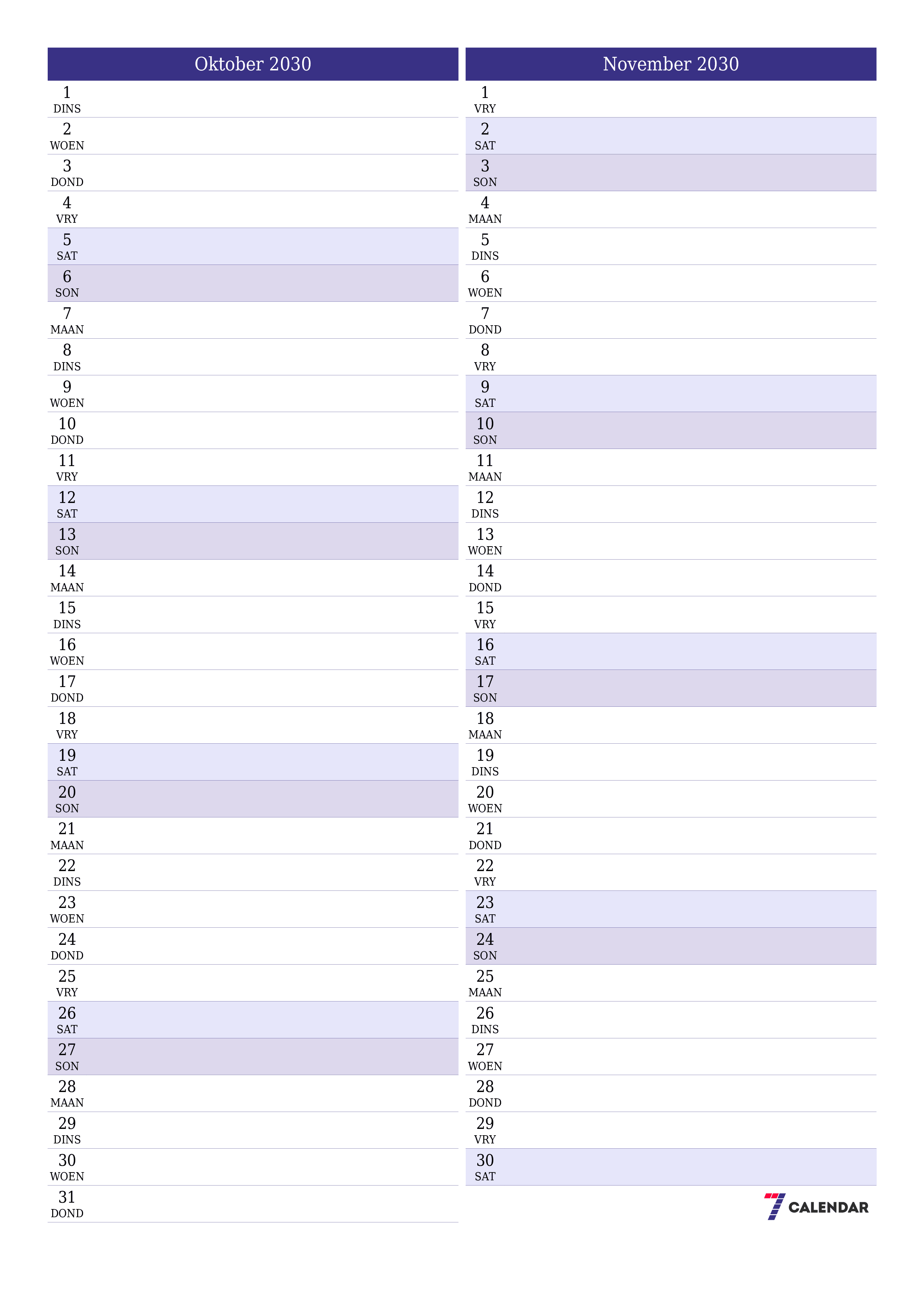 drukbare muur template gratis vertikaal Maandeliks beplanner kalender Oktober (Okt) 2030