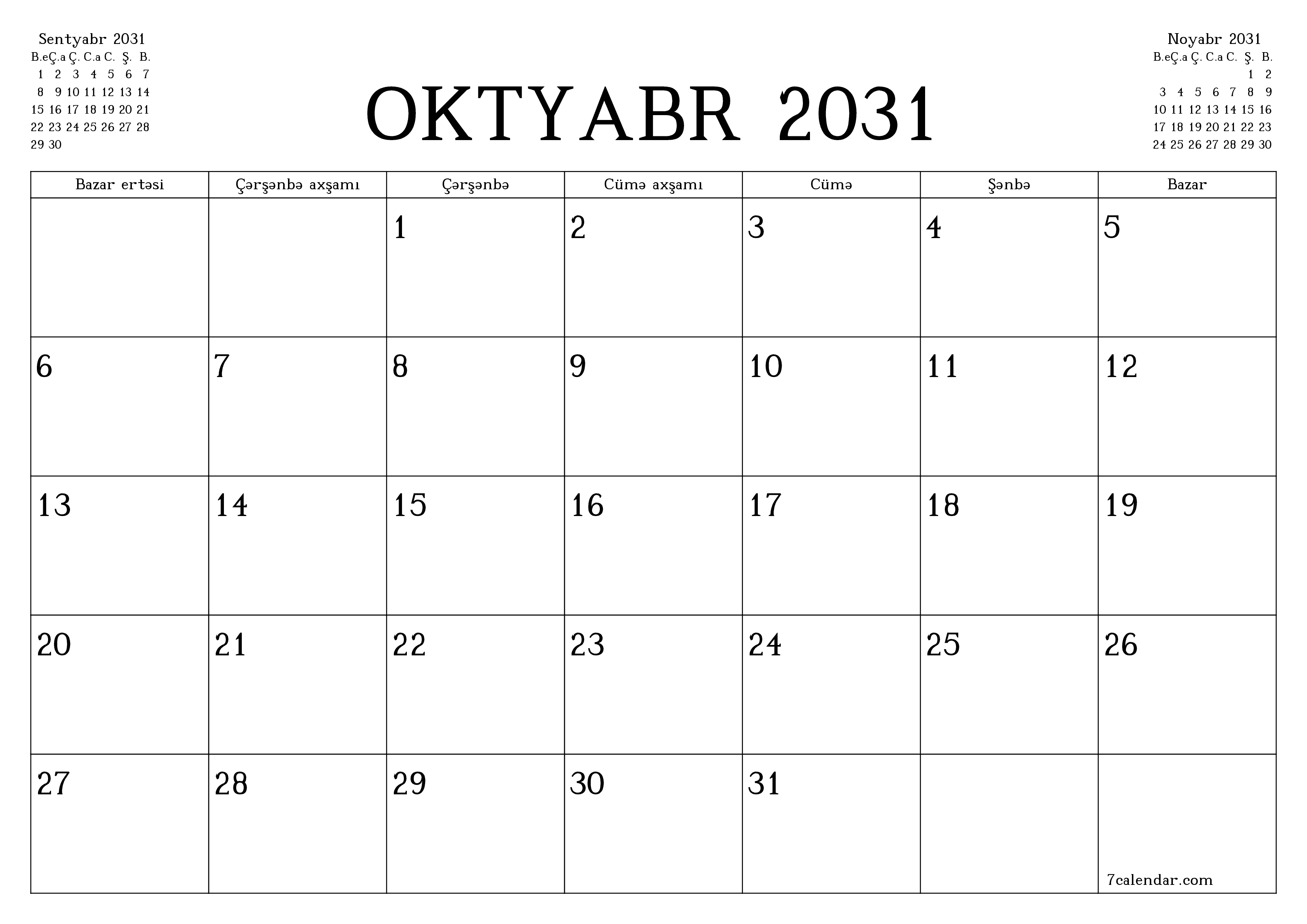 Oktyabr 2031 ayı üçün qeydlər ilə boş aylıq planlayıcı, qeyd edin və PDF-ə yazdırın PNG Azerbaijani