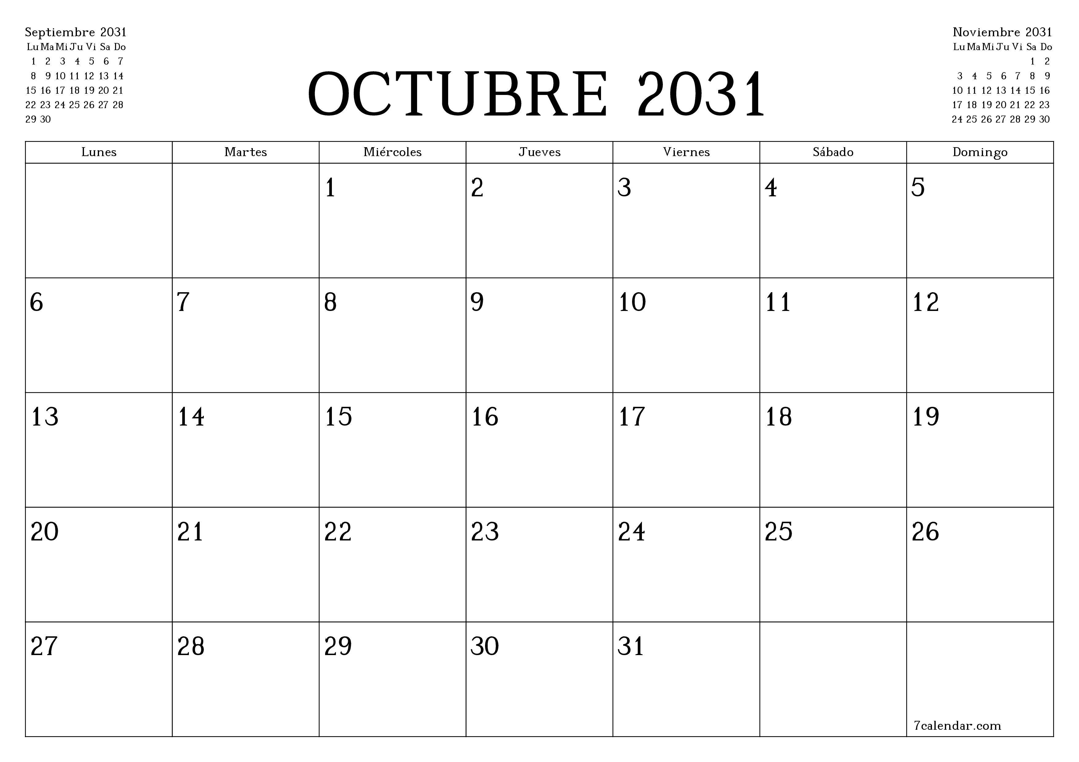 Planificador mensual vacío para el mes Octubre 2031 con notas, guardar e imprimir en PDF PNG Spanish