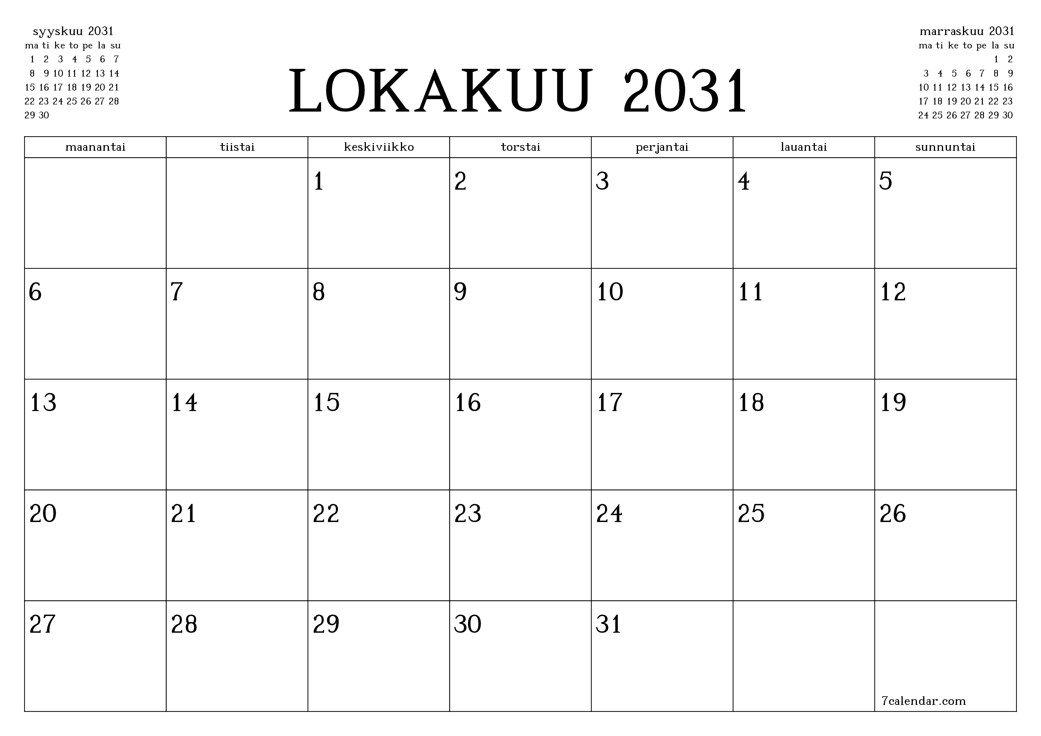 Tyhjennä kuukausittainen suunnittelija kuukaudelle Lokakuu 2031 muistiinpanoilla, tallenna ja tulosta PDF-muotoon PNG Finnish