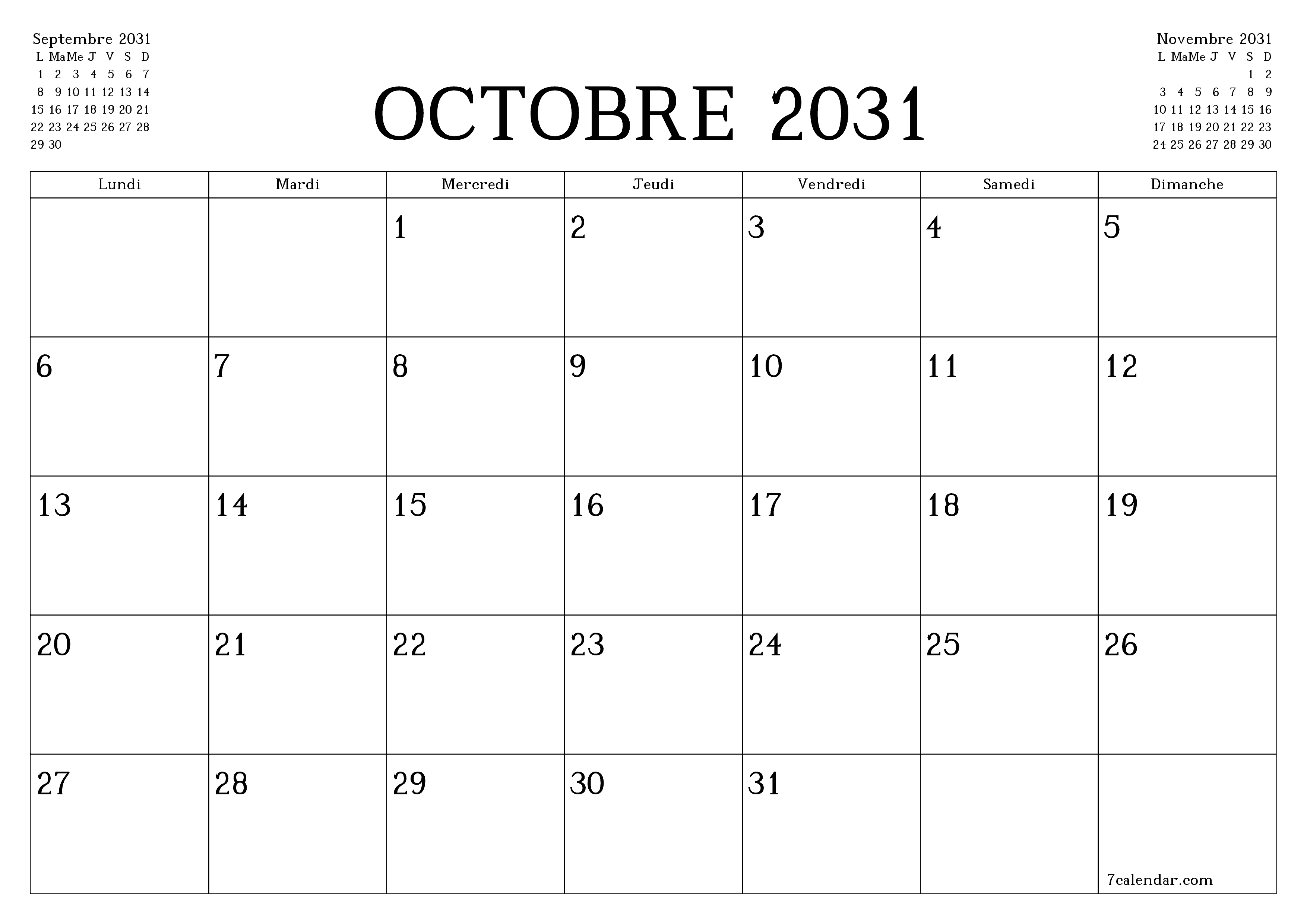 Agenda mensuel vide pour le mois Octobre 2031 avec notes, enregistrez et imprimez au format PDF PNG French