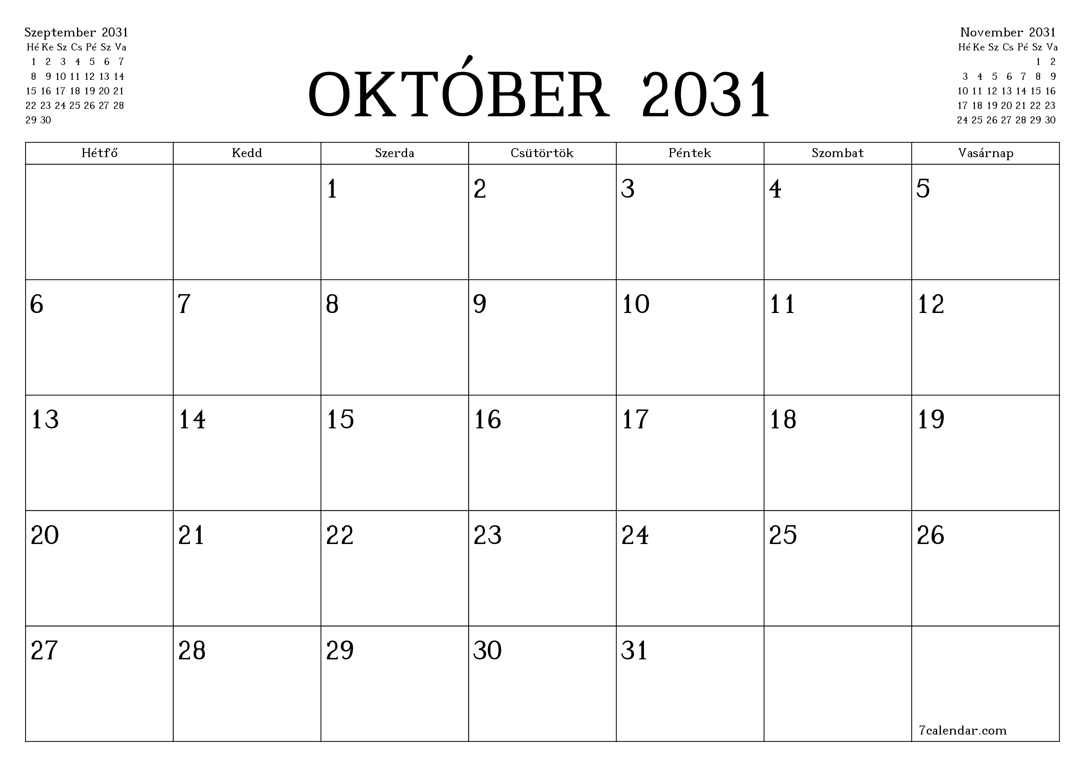 Üres havi tervező a Október 2031 hónapra jegyzetekkel, mentés és nyomtatás PDF-be PNG Hungarian