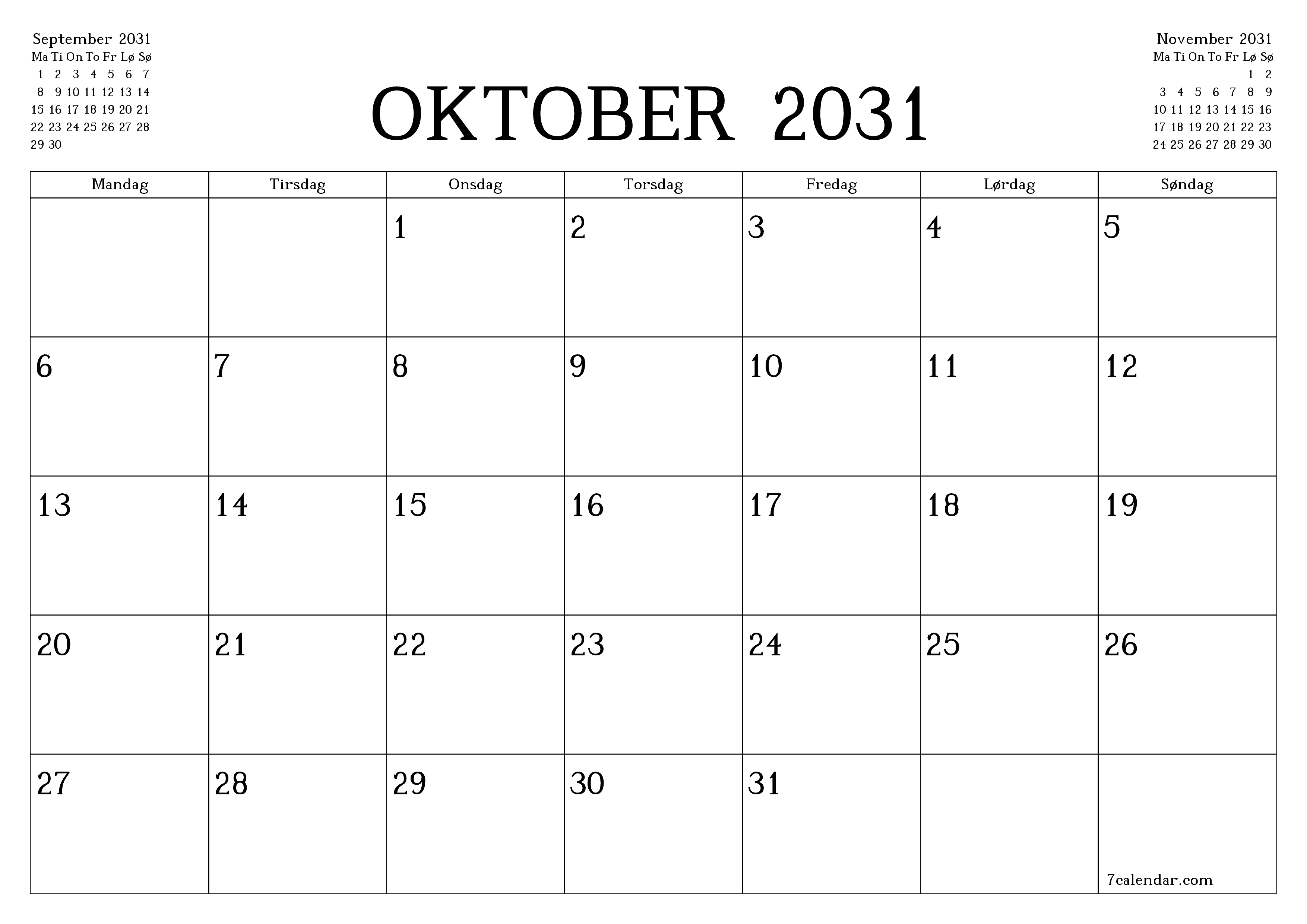 Tom månedlig planlegger for måned Oktober 2031 med notater, lagre og skriv ut til PDF PNG Norwegian