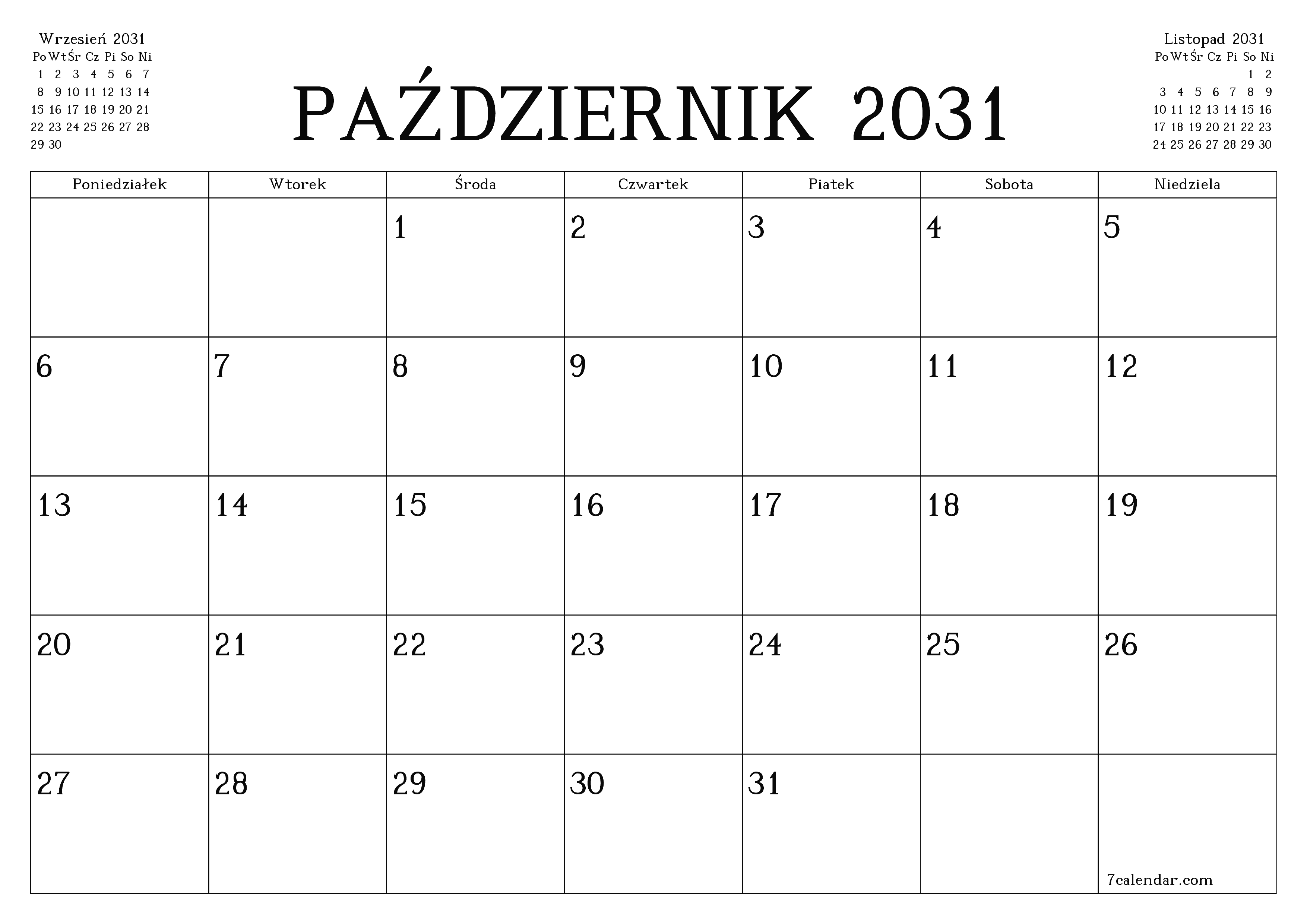 Opróżnij miesięczny planer na miesiąc Październik 2031 z notatkami, zapisz i wydrukuj w formacie PDF PNG Polish