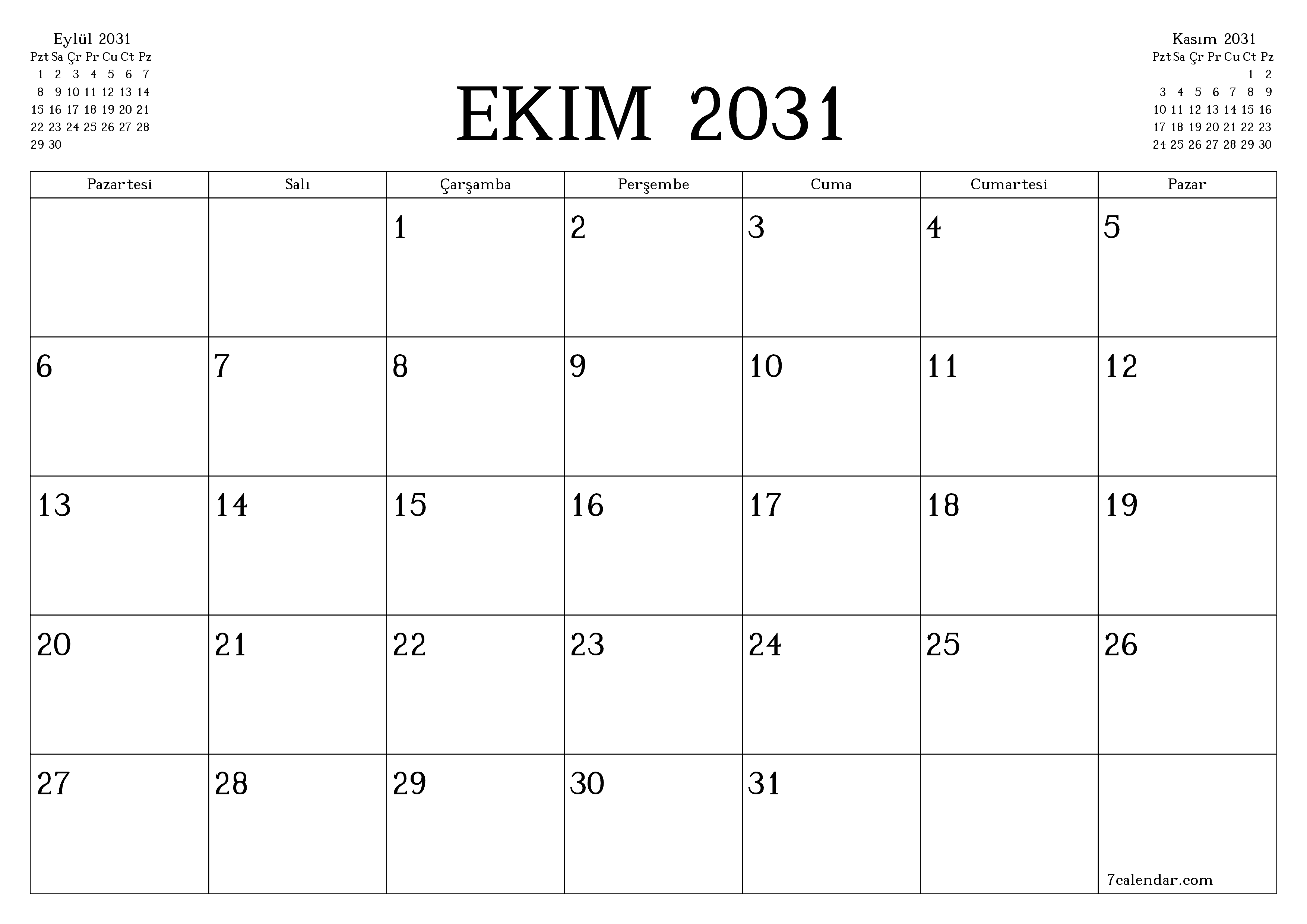 Ekim 2031 ayı için notlarla birlikte boş aylık planlayıcı, kaydedin ve PDF'ye yazdırın PNG Turkish