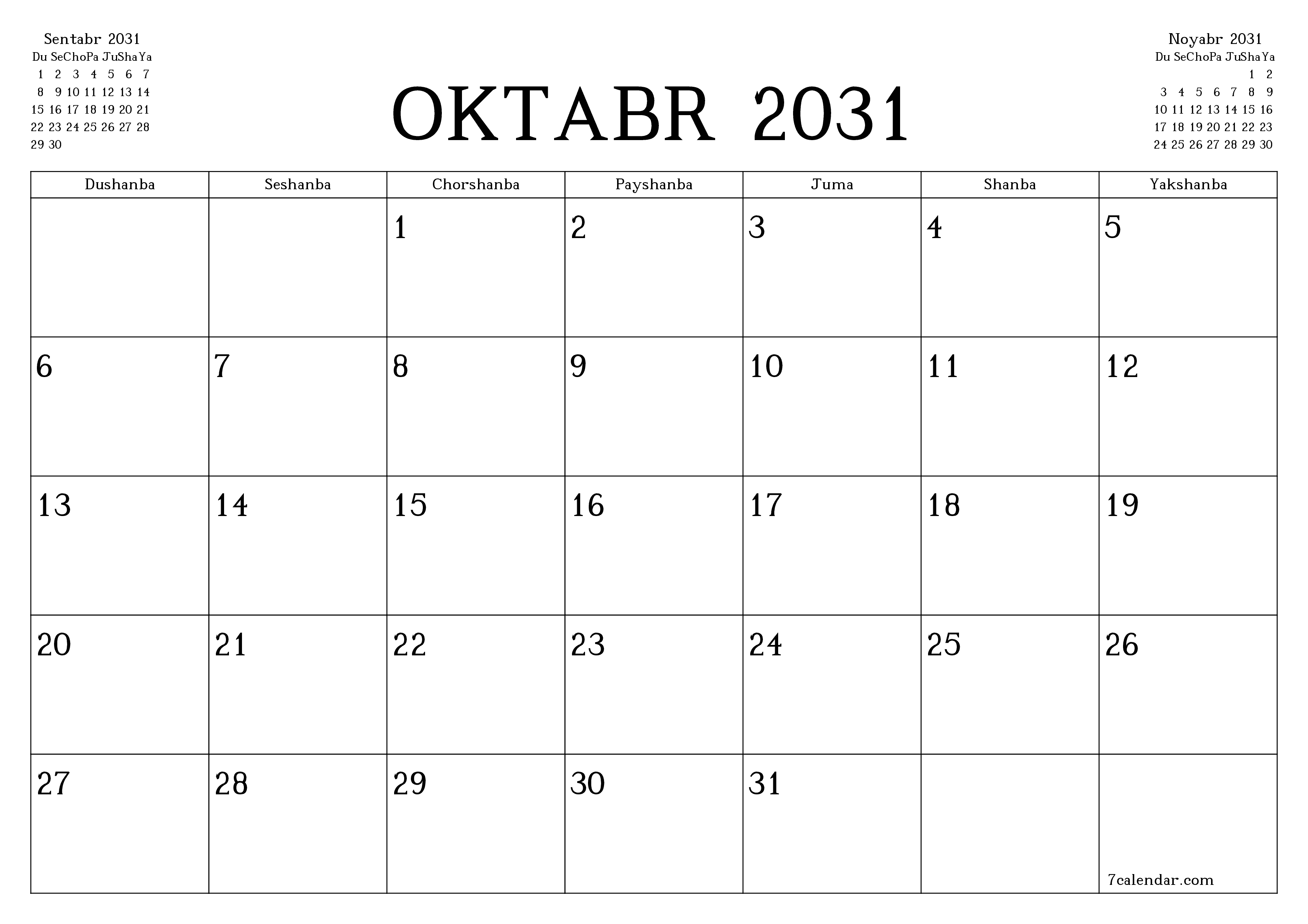 Oktabr 2031 oylik oylik rejalashtiruvchini yozuvlar bilan bo'shatish, saqlash va PDF-ga chop etish PNG Uzbek