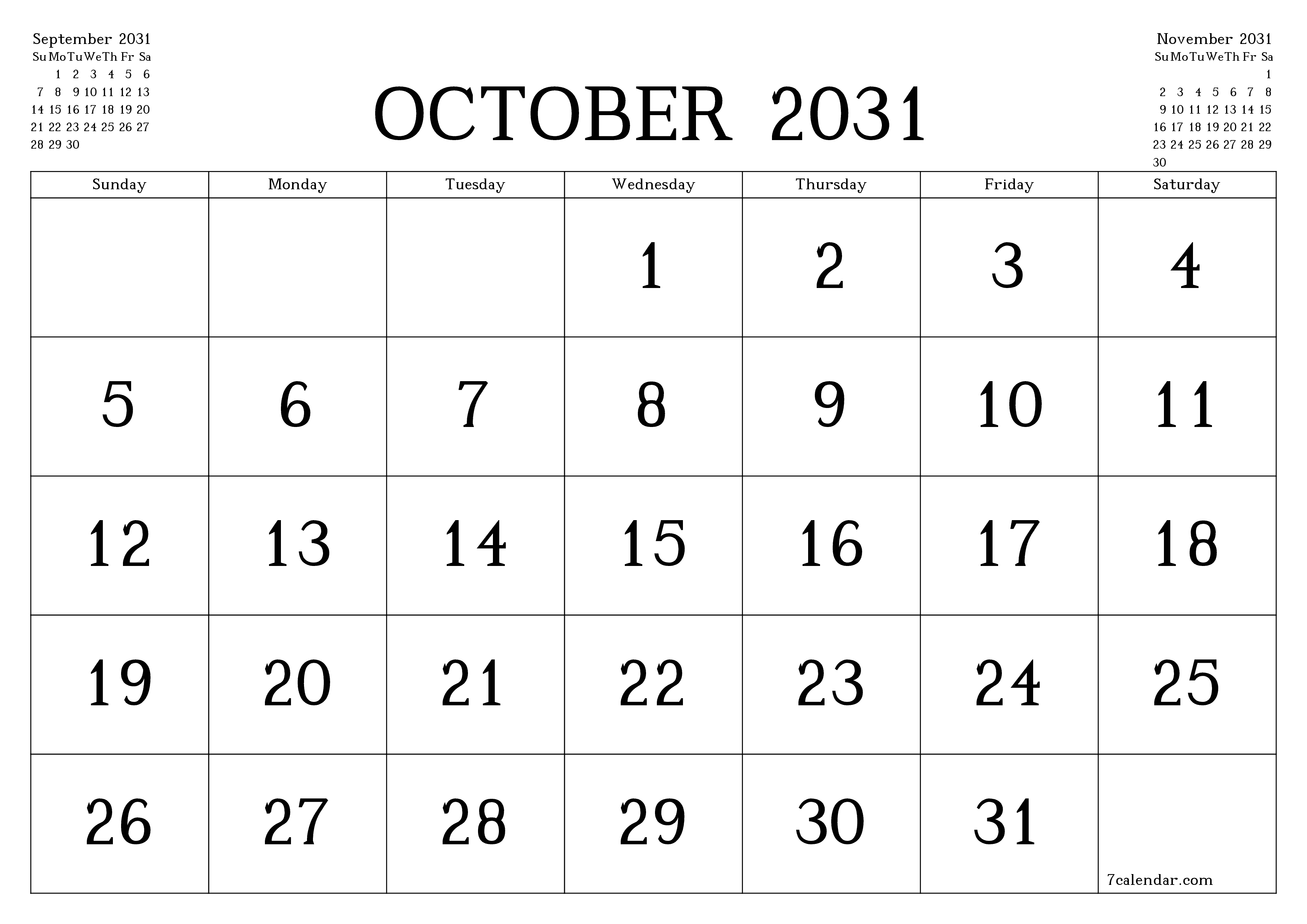 Blank calendar October 2031