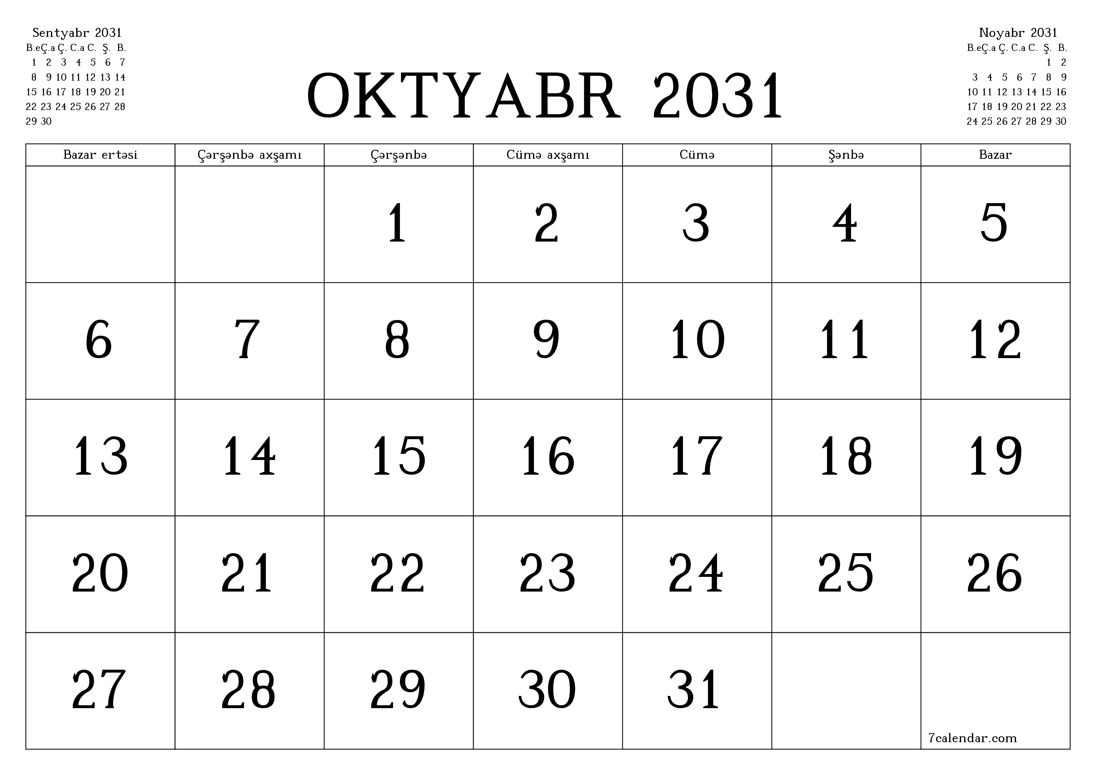 Oktyabr 2031 ayı üçün qeydlər ilə boş aylıq planlayıcı, qeyd edin və PDF-ə yazdırın PNG Azerbaijani