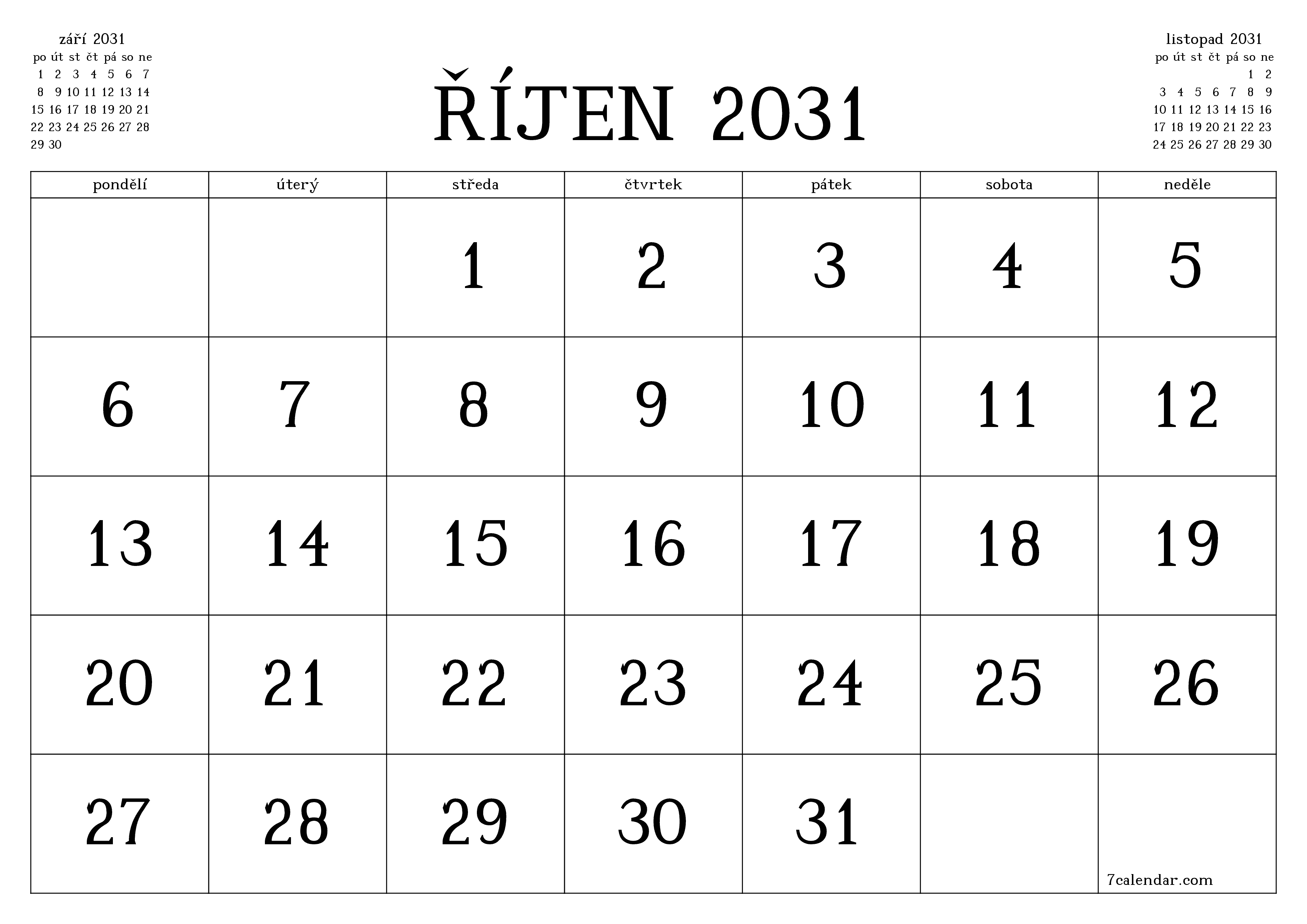 Vyprázdnit měsíční plánovač na měsíc říjen 2031 s poznámkami, uložit a vytisknout do PDF PNG Czech