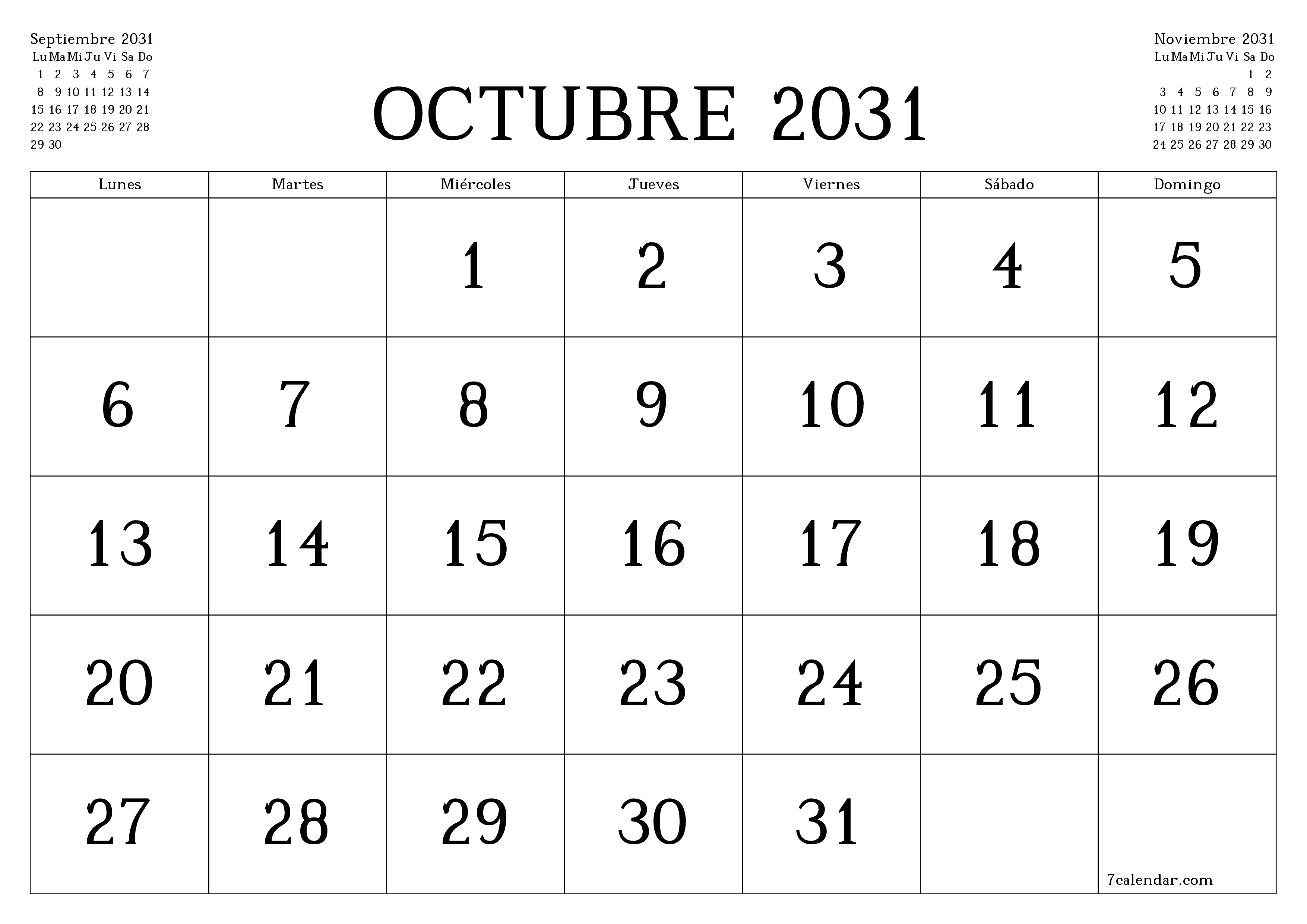 Planificador mensual vacío para el mes Octubre 2031 con notas, guardar e imprimir en PDF PNG Spanish
