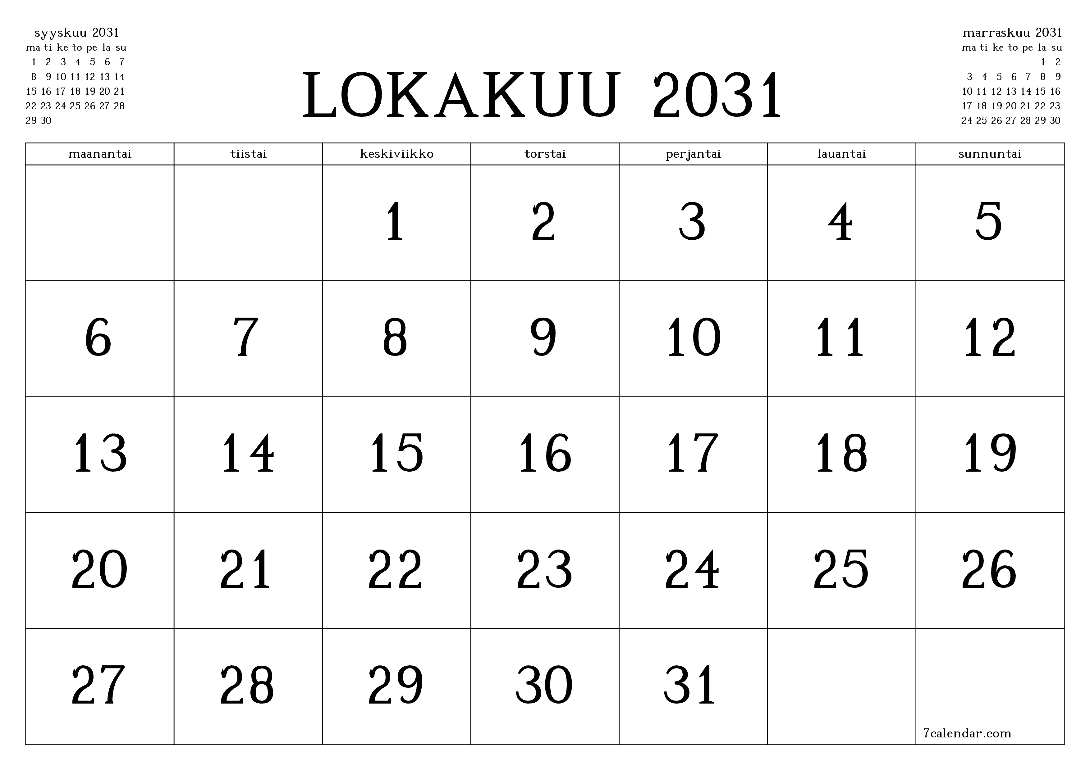 Tyhjennä kuukausittainen suunnittelija kuukaudelle Lokakuu 2031 muistiinpanoilla, tallenna ja tulosta PDF-muotoon PNG Finnish