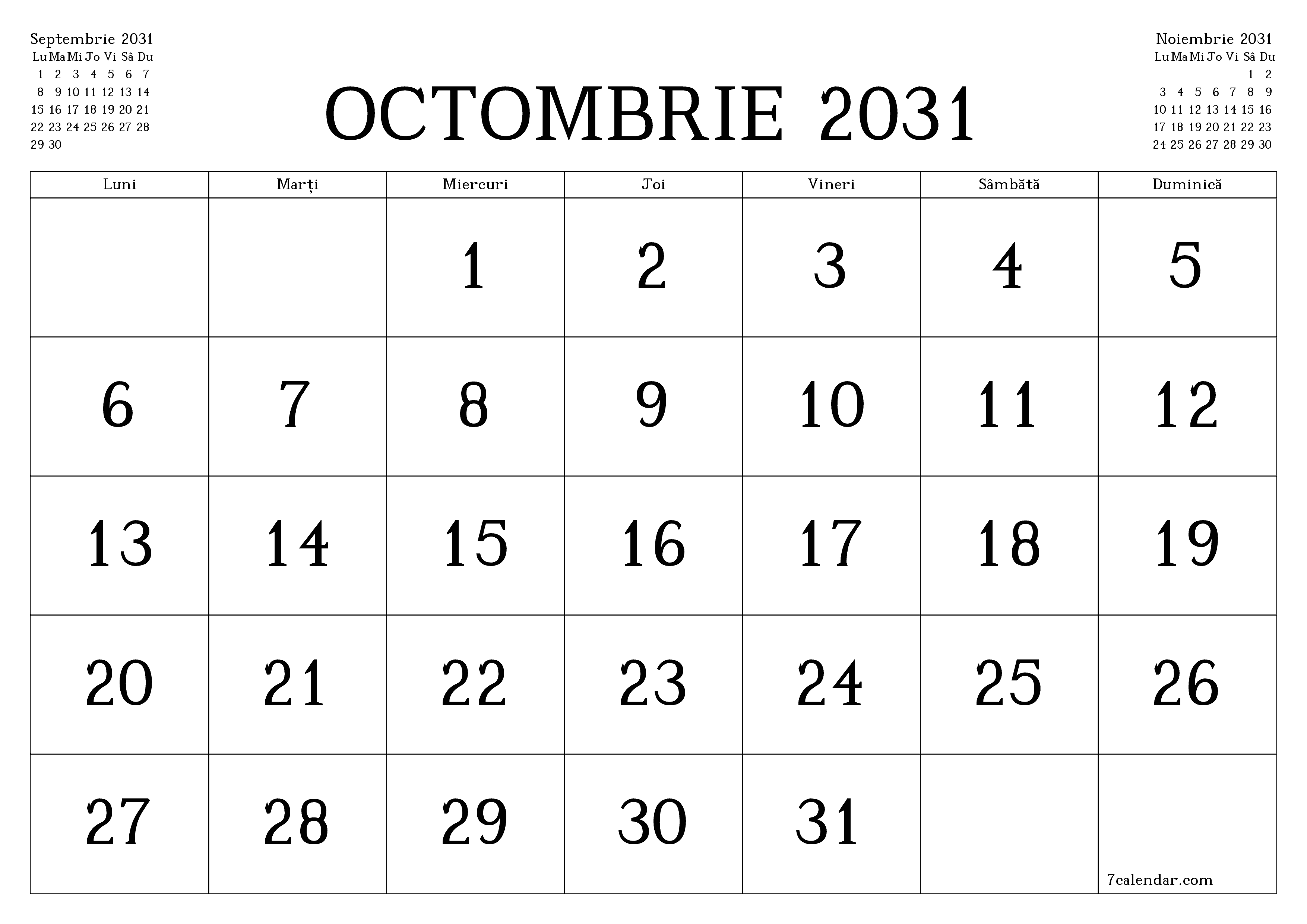 Planificator lunar gol pentru luna Octombrie 2031 cu note, salvați și tipăriți în PDF PNG Romanian
