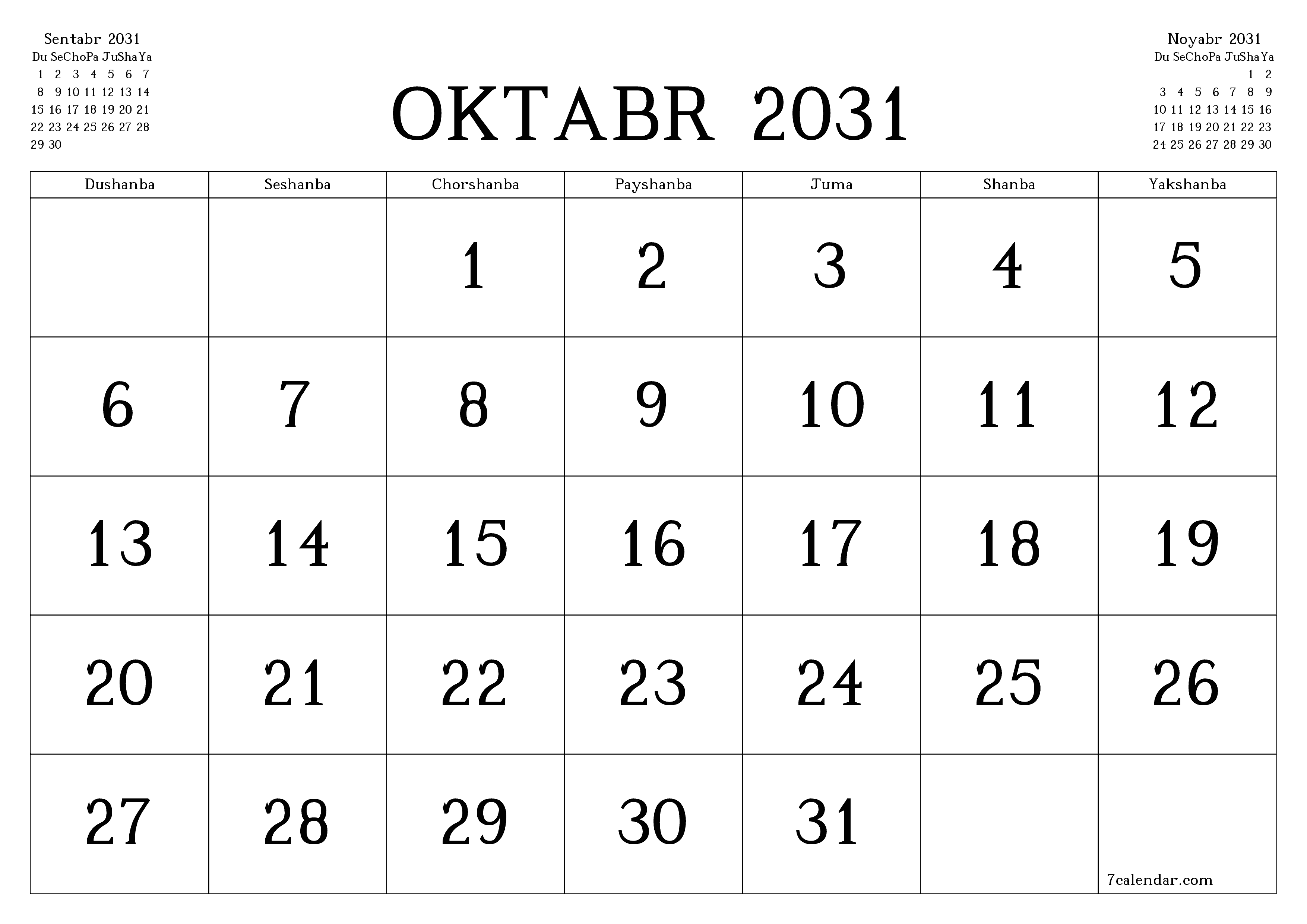 Oktabr 2031 oylik oylik rejalashtiruvchini yozuvlar bilan bo'shatish, saqlash va PDF-ga chop etish PNG Uzbek