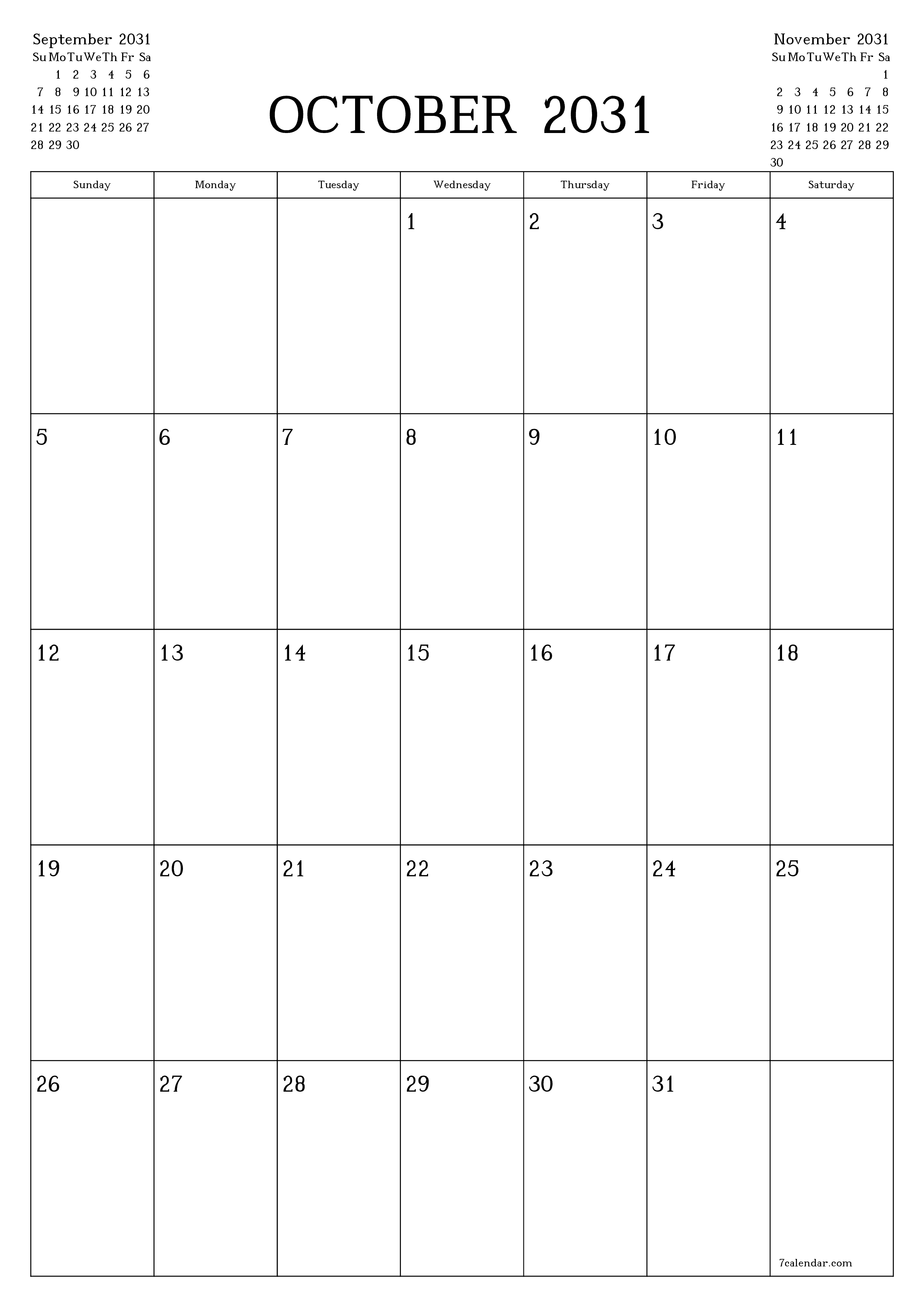 Blank calendar October 2031