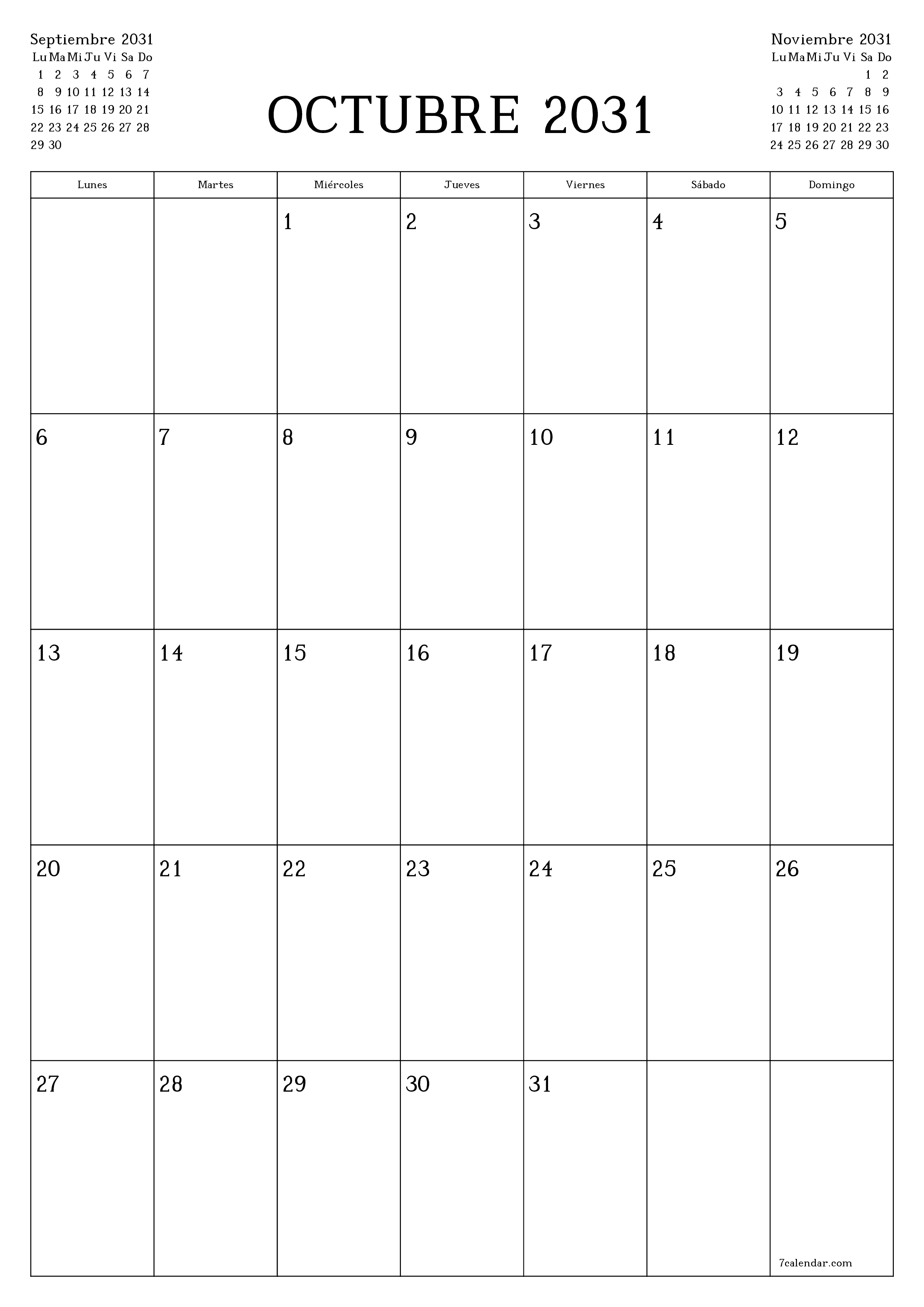  imprimible de pared plantilla de gratisvertical Mensual planificador calendario Octubre (Oct) 2031